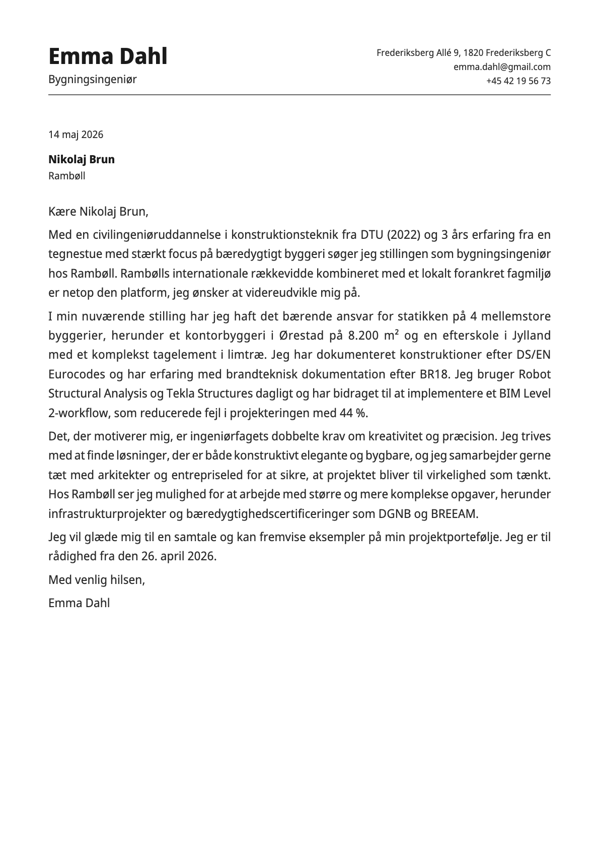 Bygningsingeniør cover letter example