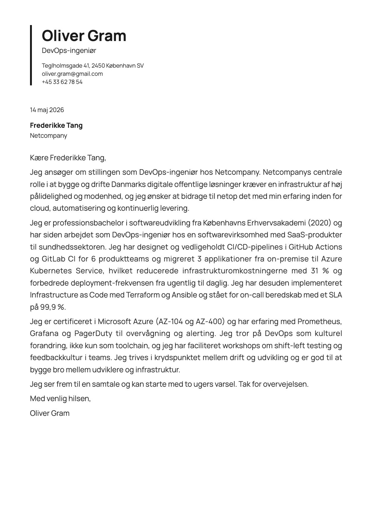 DevOps-ingeniør cover letter example