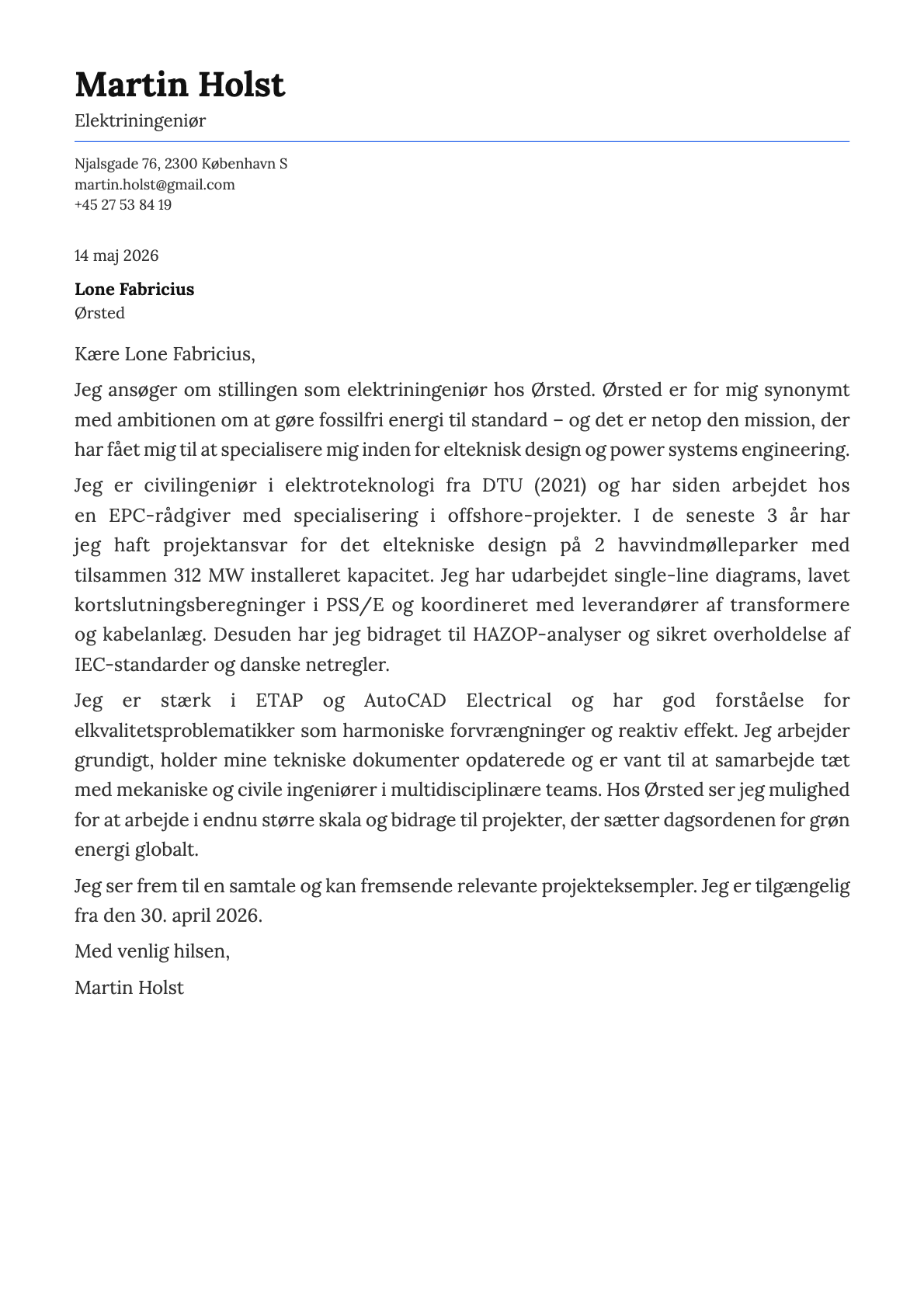 Elektroingeniør cover letter example