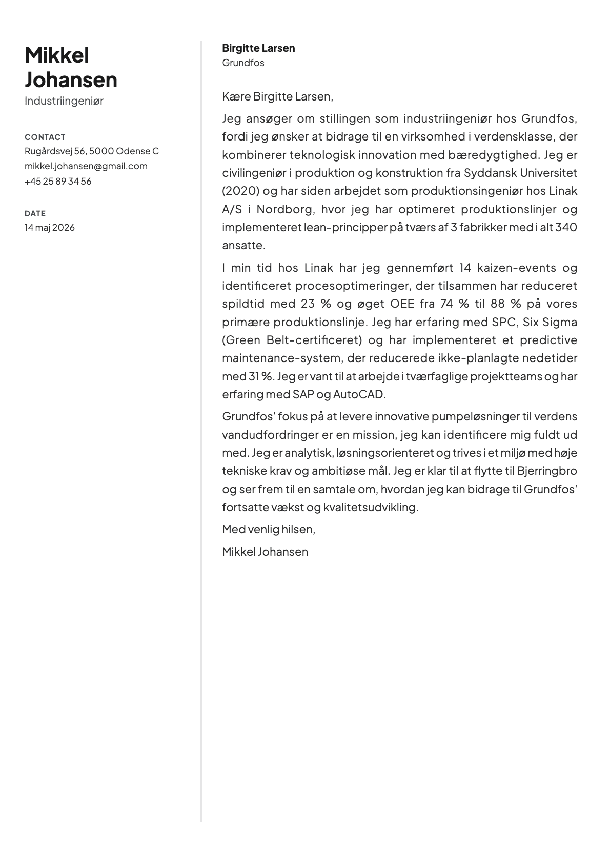 Produktionsingeniør cover letter example