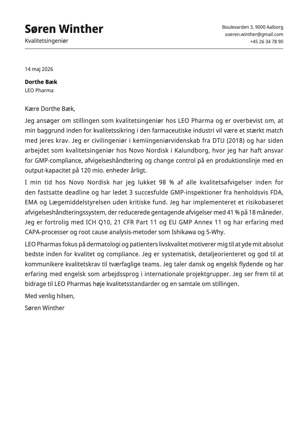 Kvalitetsingeniør cover letter example
