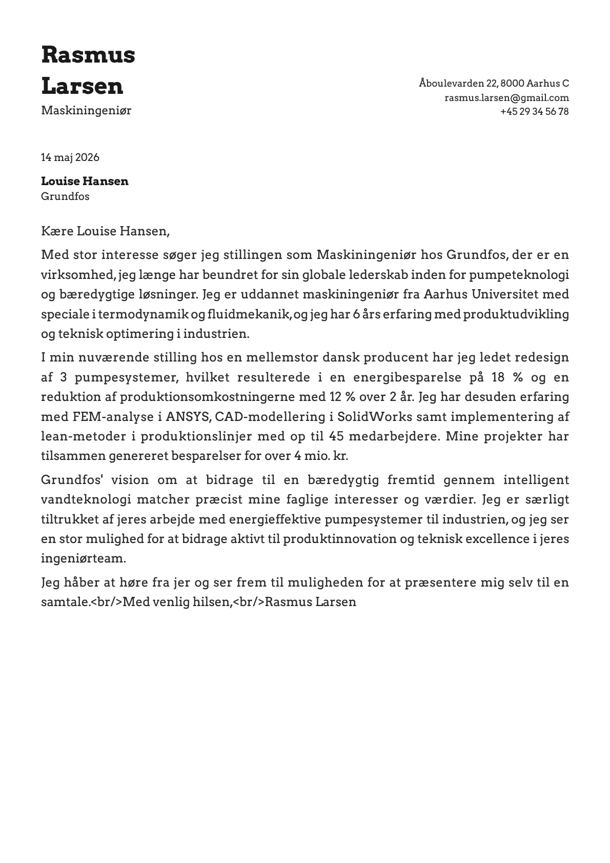 Maskiningeniør cover letter example