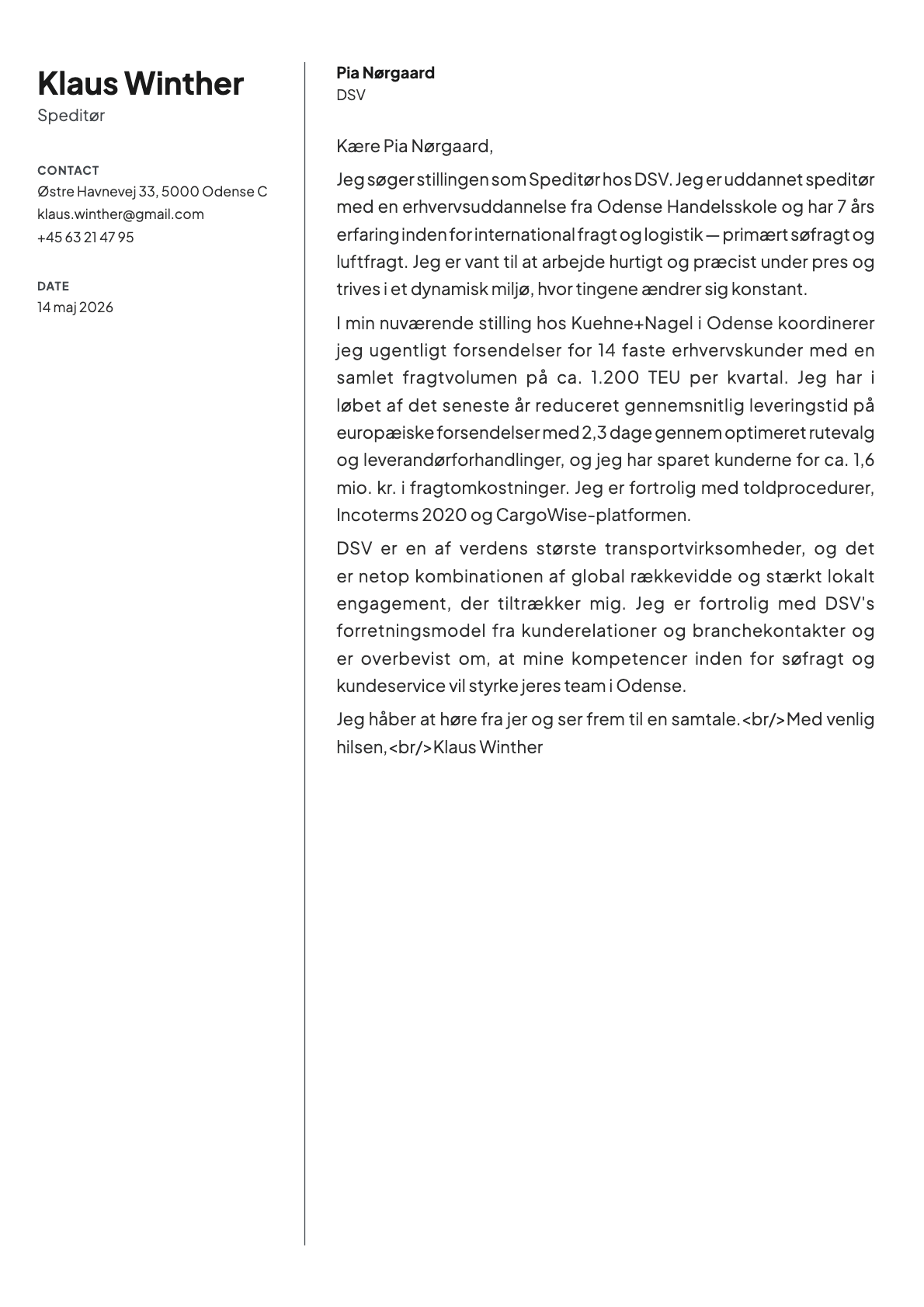 Speditør cover letter example