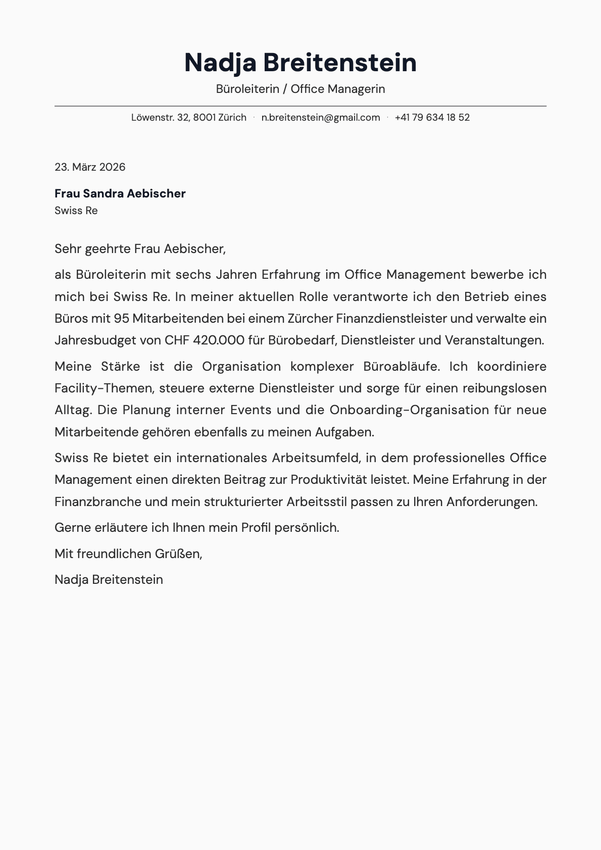 Bueroleiter / Office Manager cover letter example