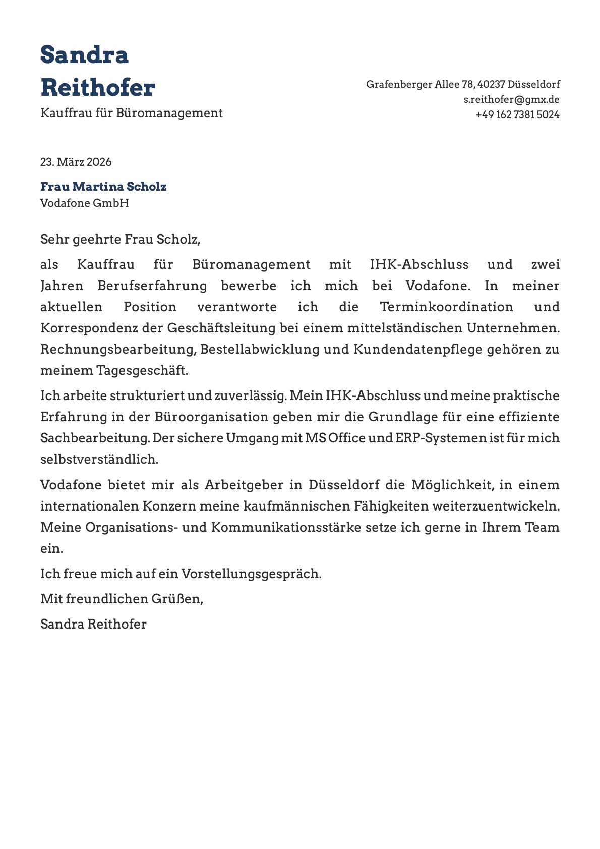 Kauffrau fuer Bueromanagement cover letter example
