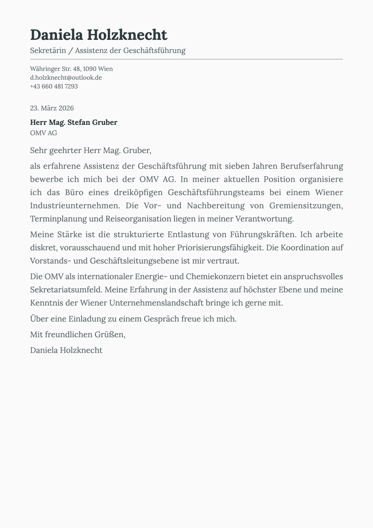 Sekretaerin / Assistenz der Geschaeftsfuehrung cover letter example