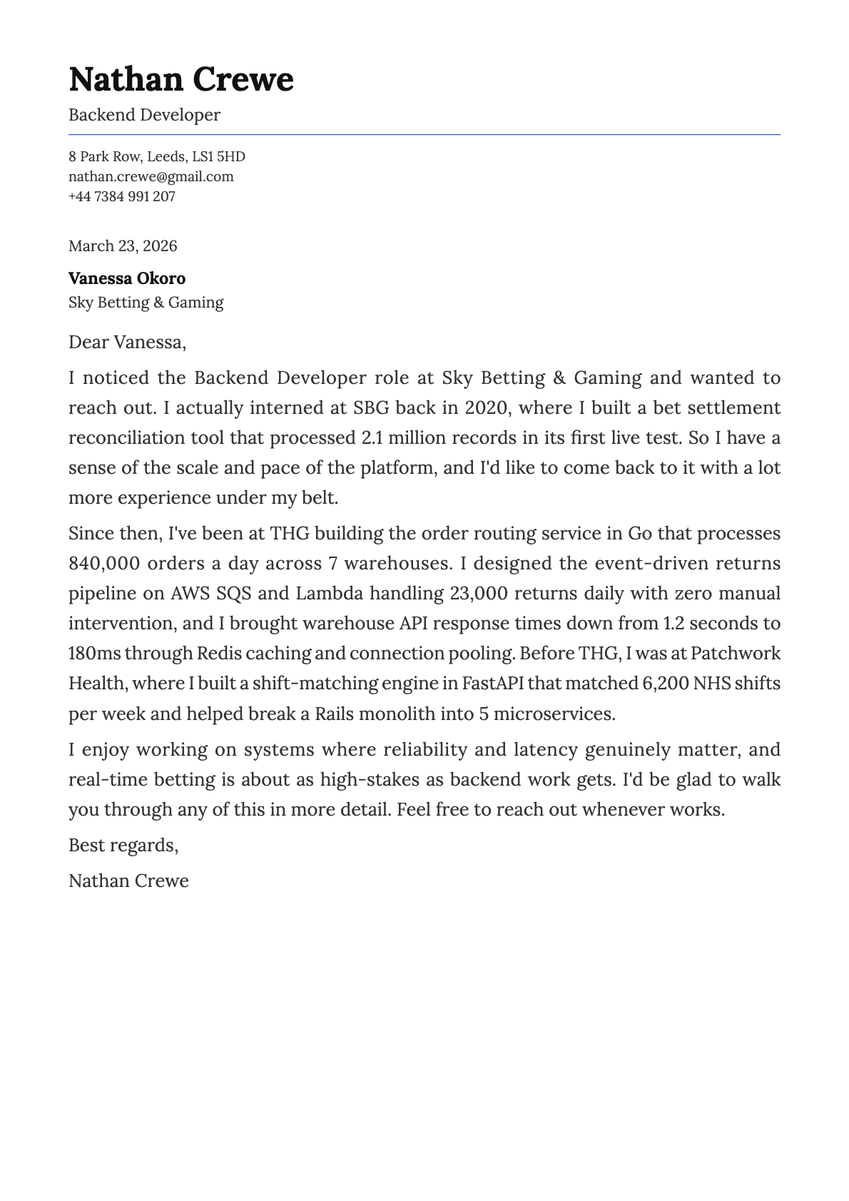 Backend Developer cover letter example