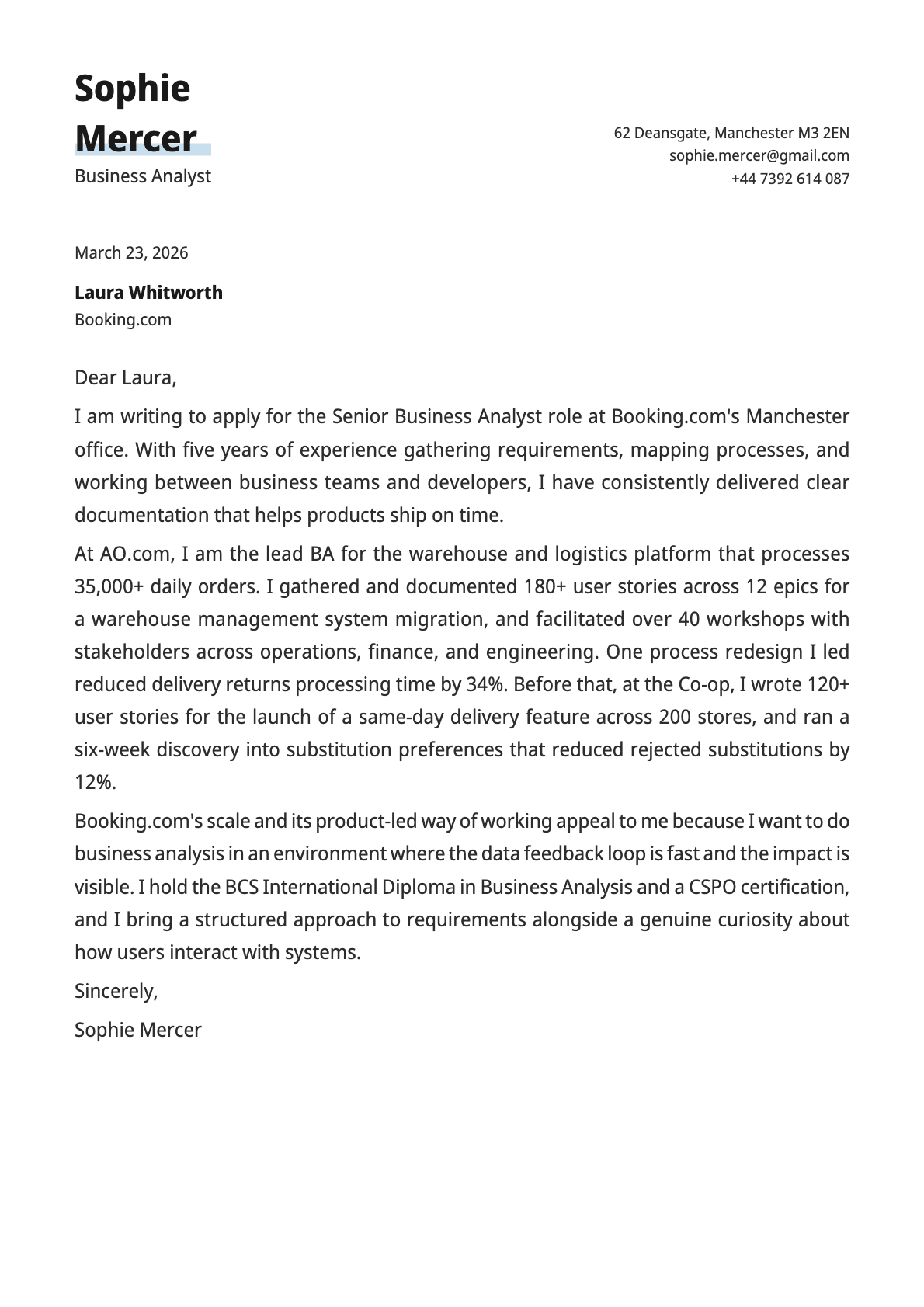 Business Analyst cover letter example