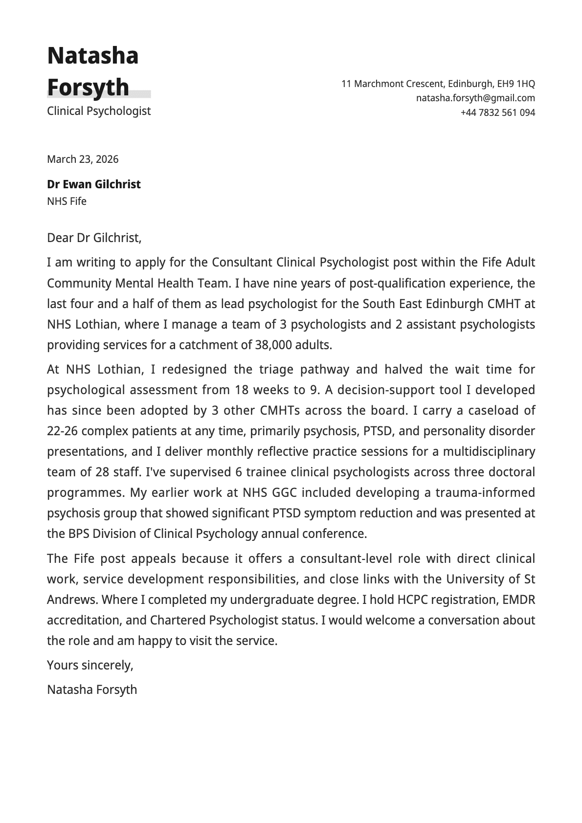 Clinical Psychologist cover letter example