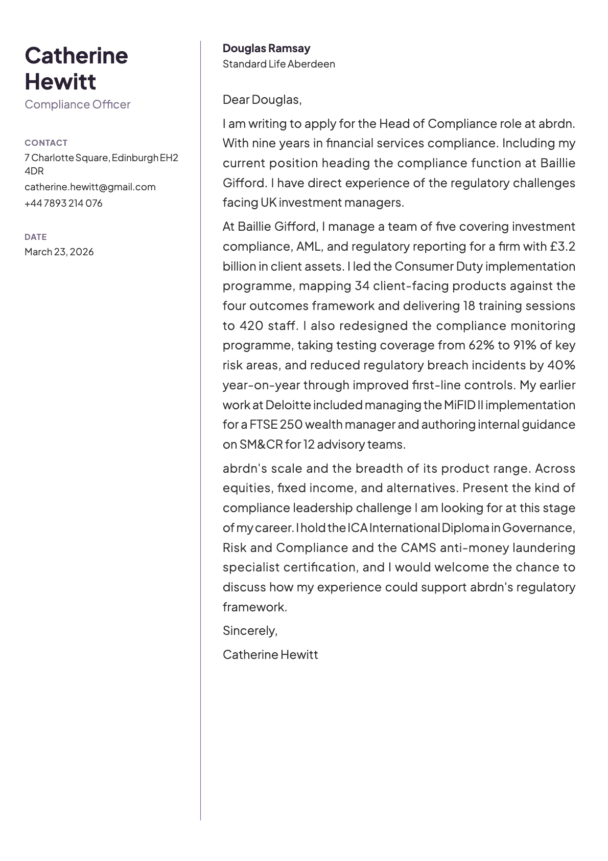 Compliance Officer cover letter example