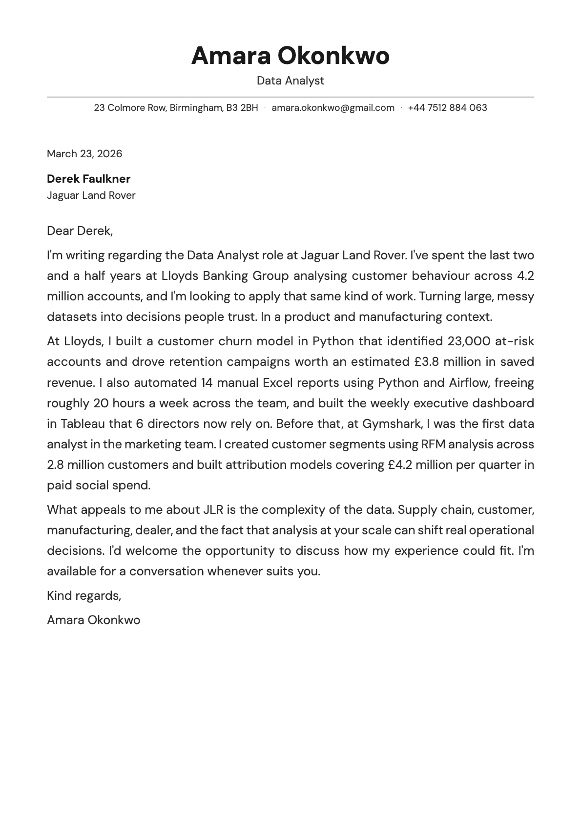 Data Analyst cover letter example