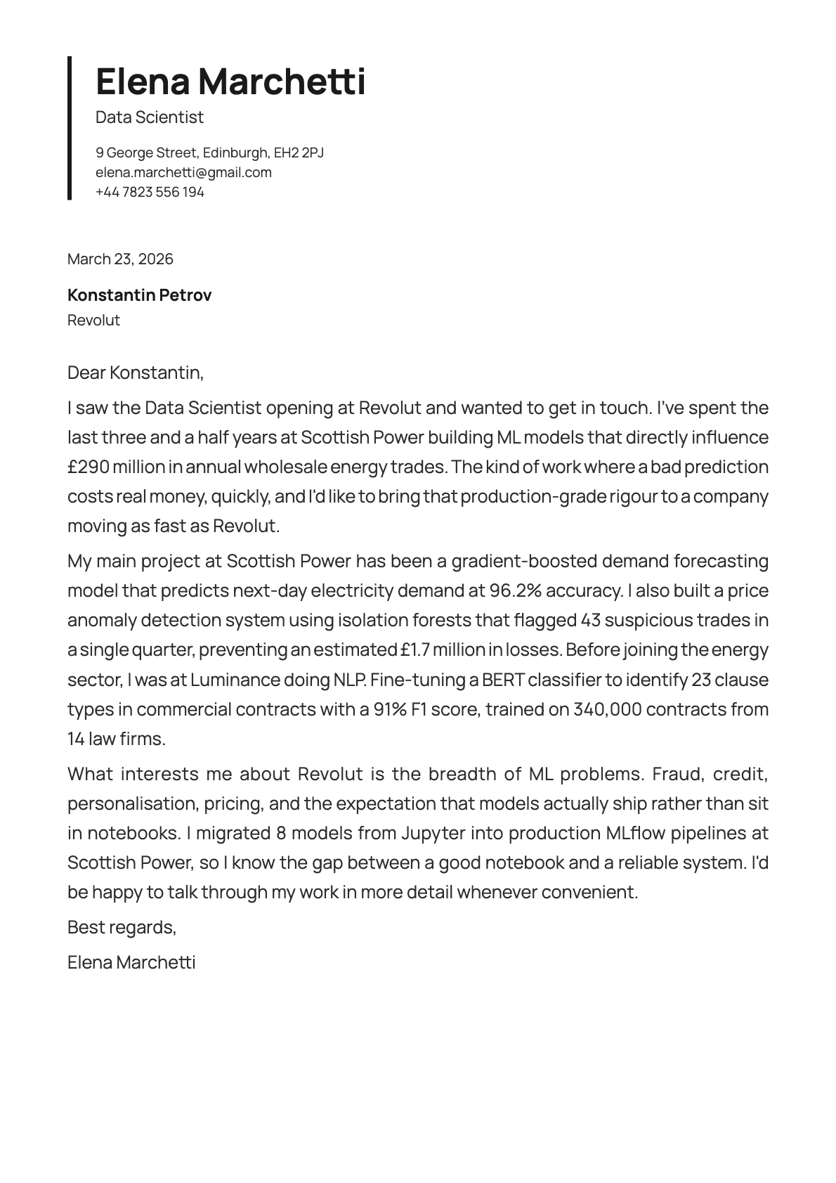 Data Scientist cover letter example