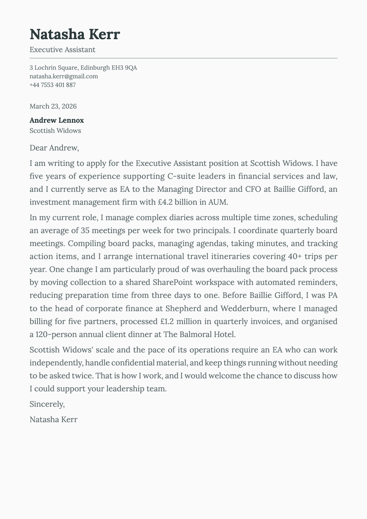 Executive Assistant cover letter example