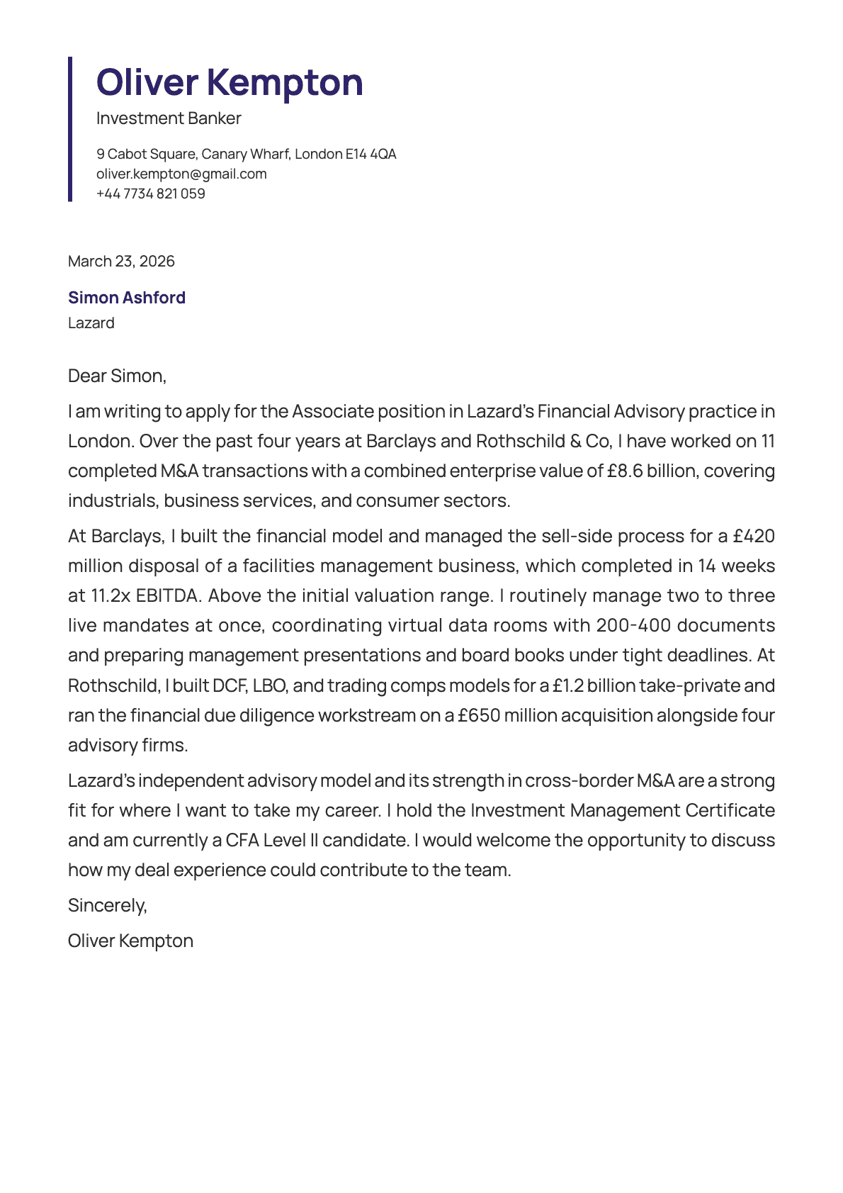 Investment Banker cover letter example