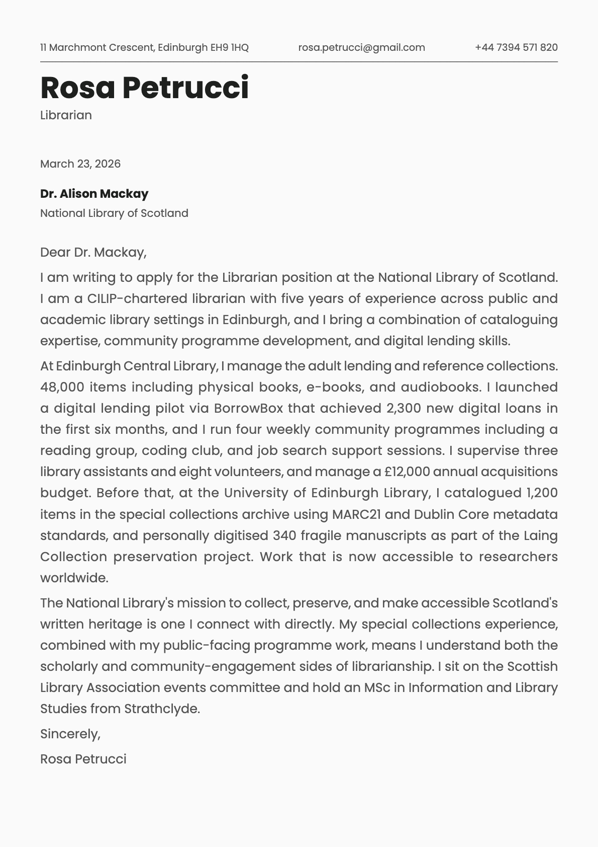Librarian cover letter example