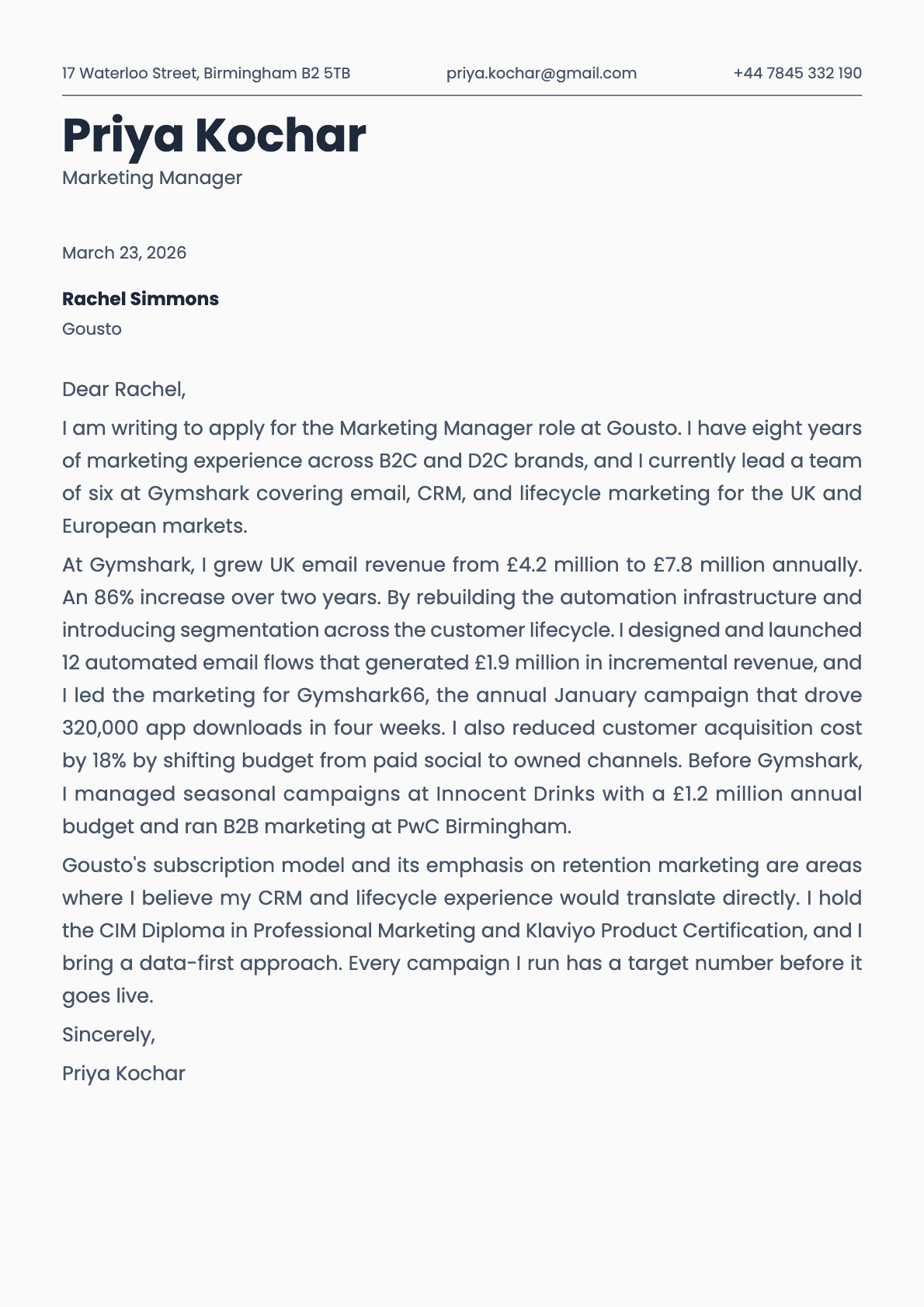 Marketing Manager cover letter example