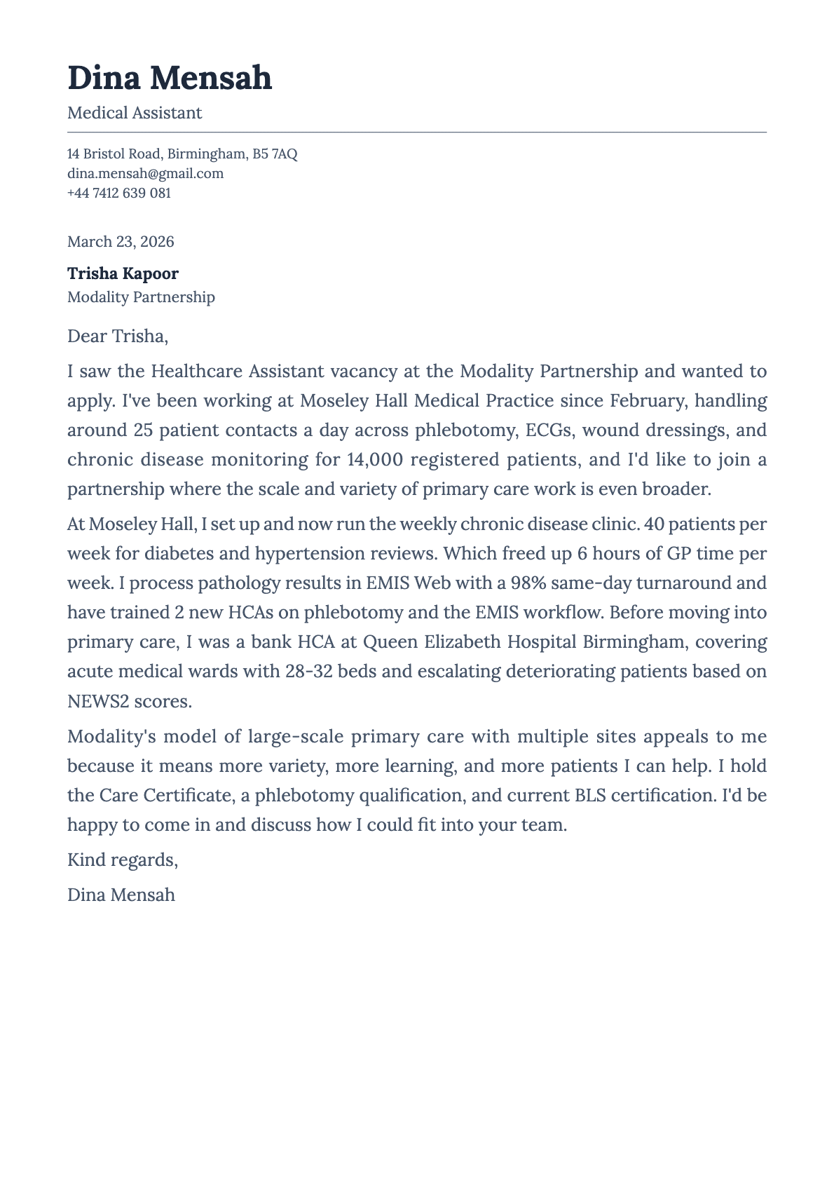 Medical Assistant cover letter example