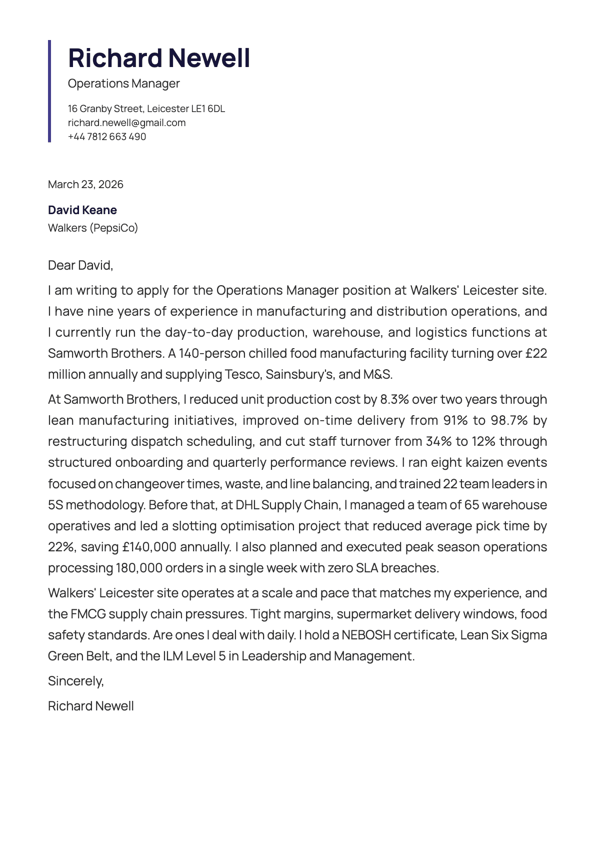 Operations Manager cover letter example