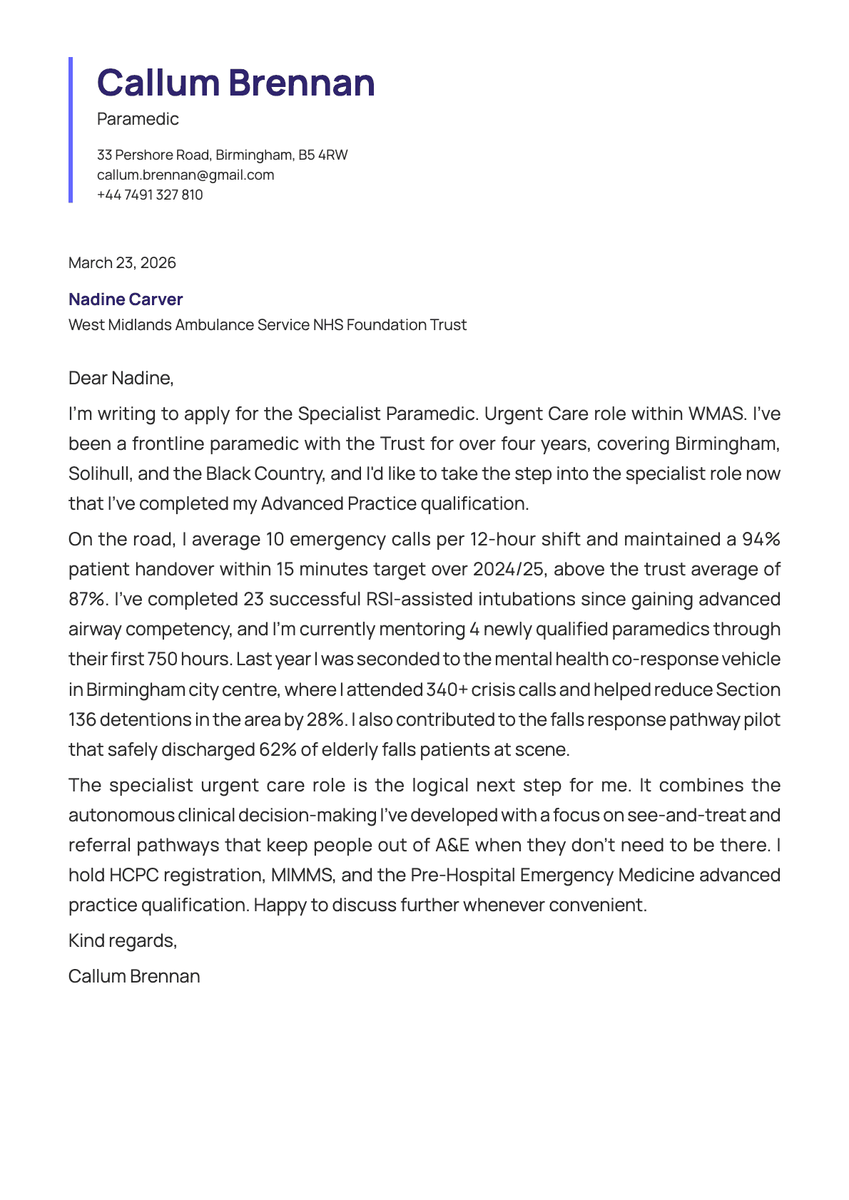 Paramedic cover letter example