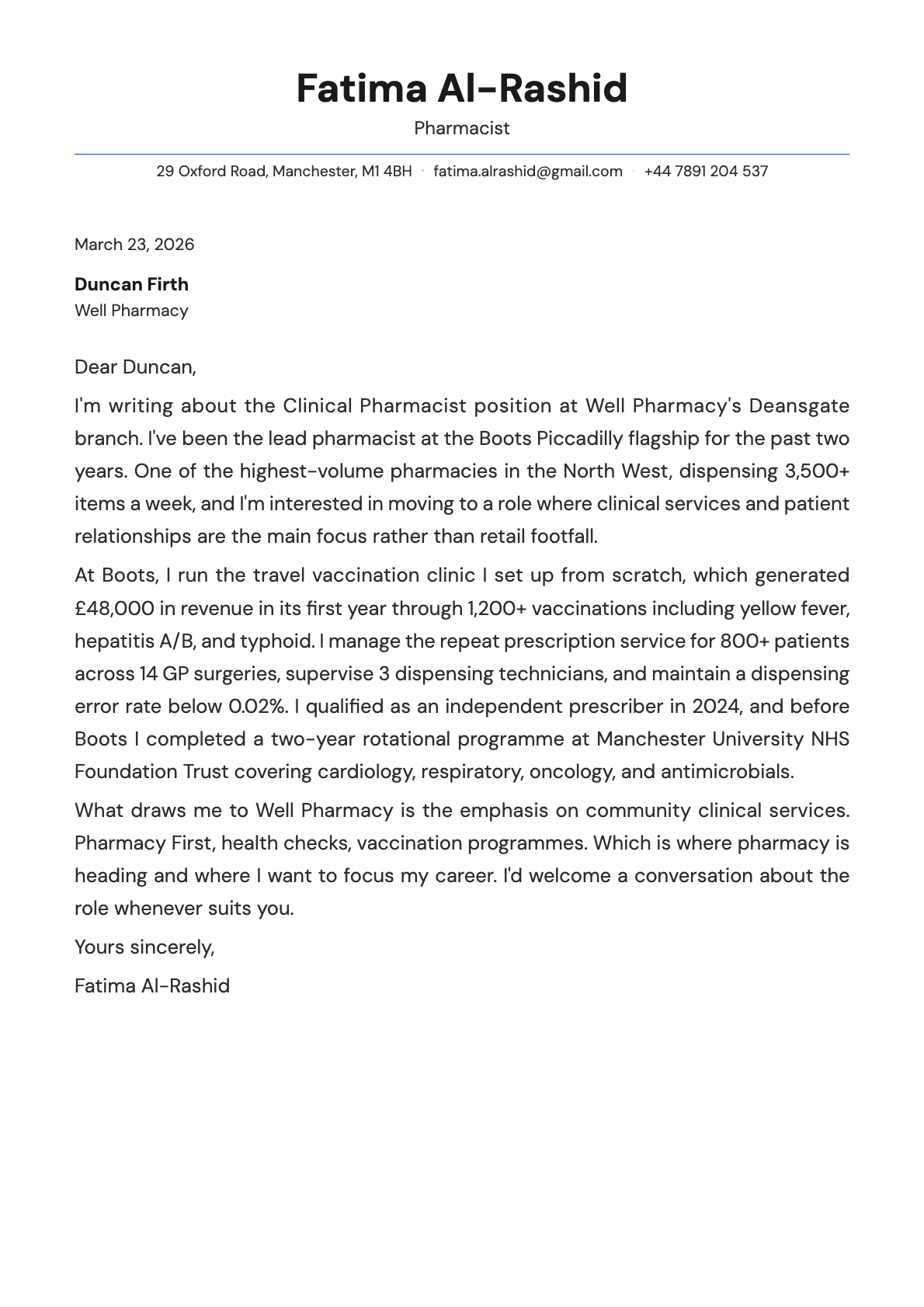 Pharmacist cover letter example