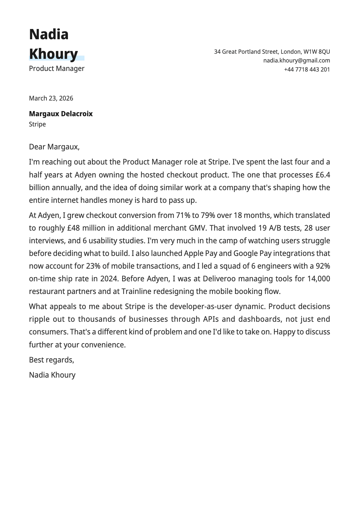 Product Manager cover letter example