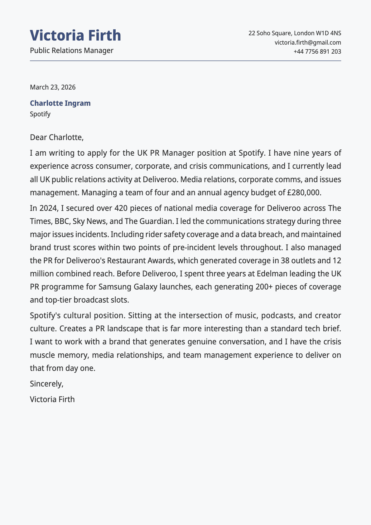 Public Relations Manager cover letter example