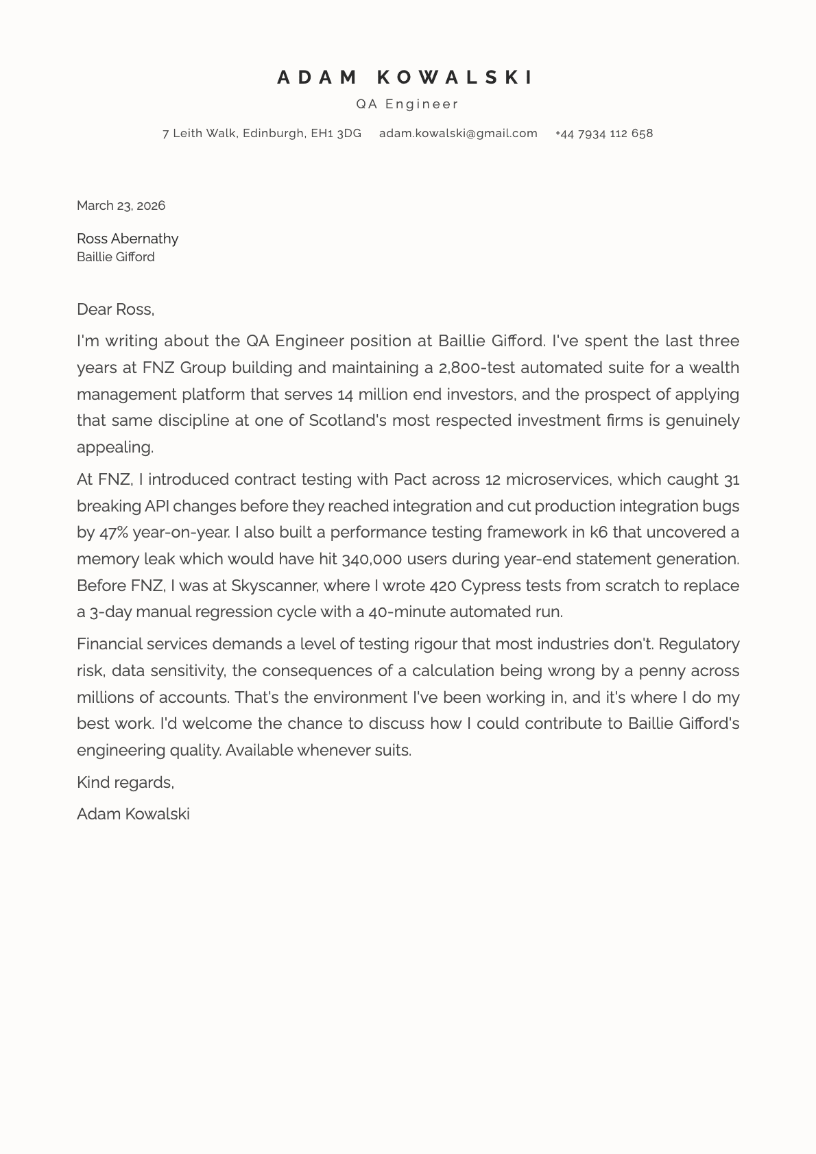 QA Engineer cover letter example