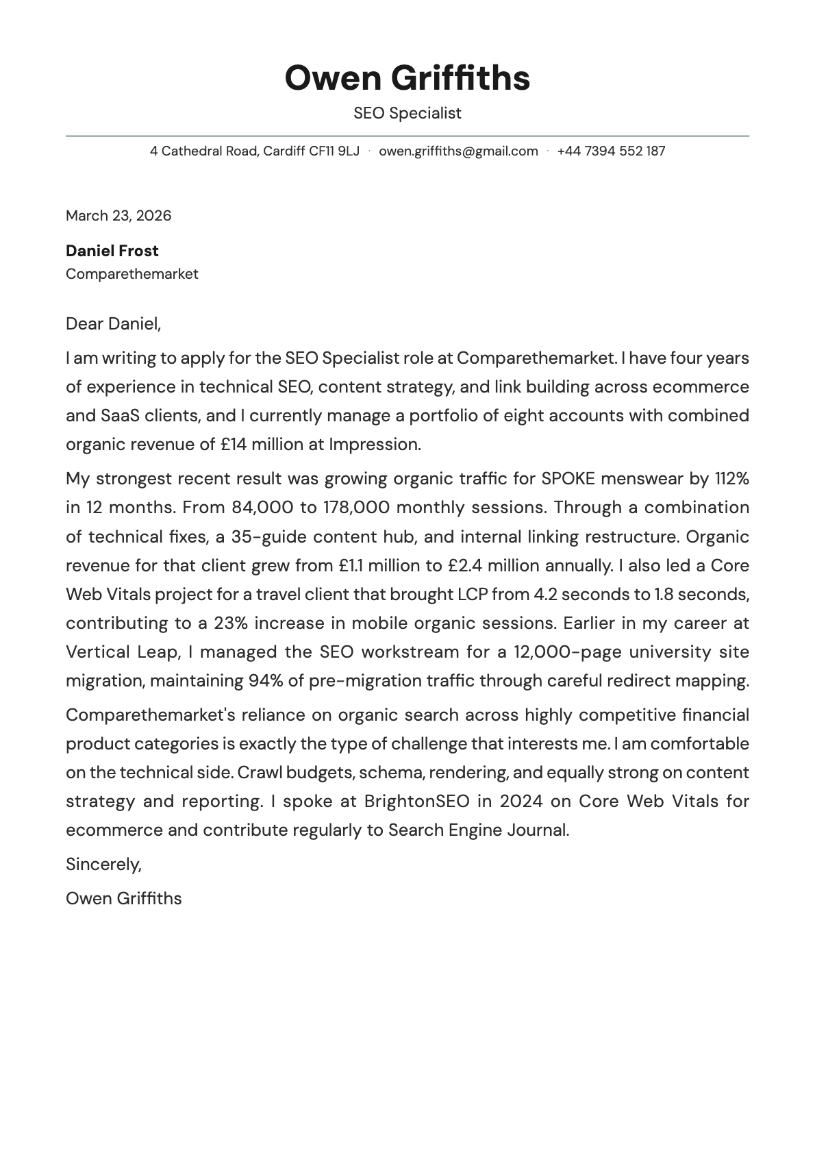 SEO Specialist cover letter example