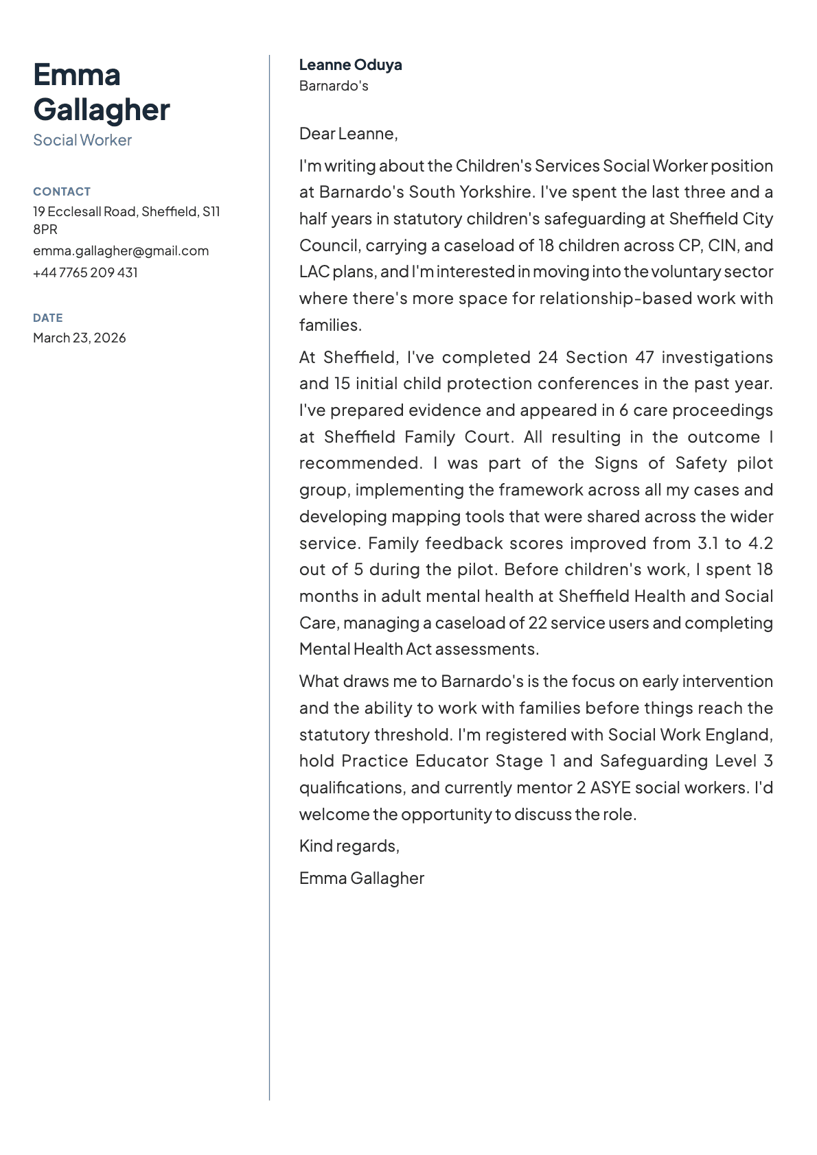 Social Worker cover letter example