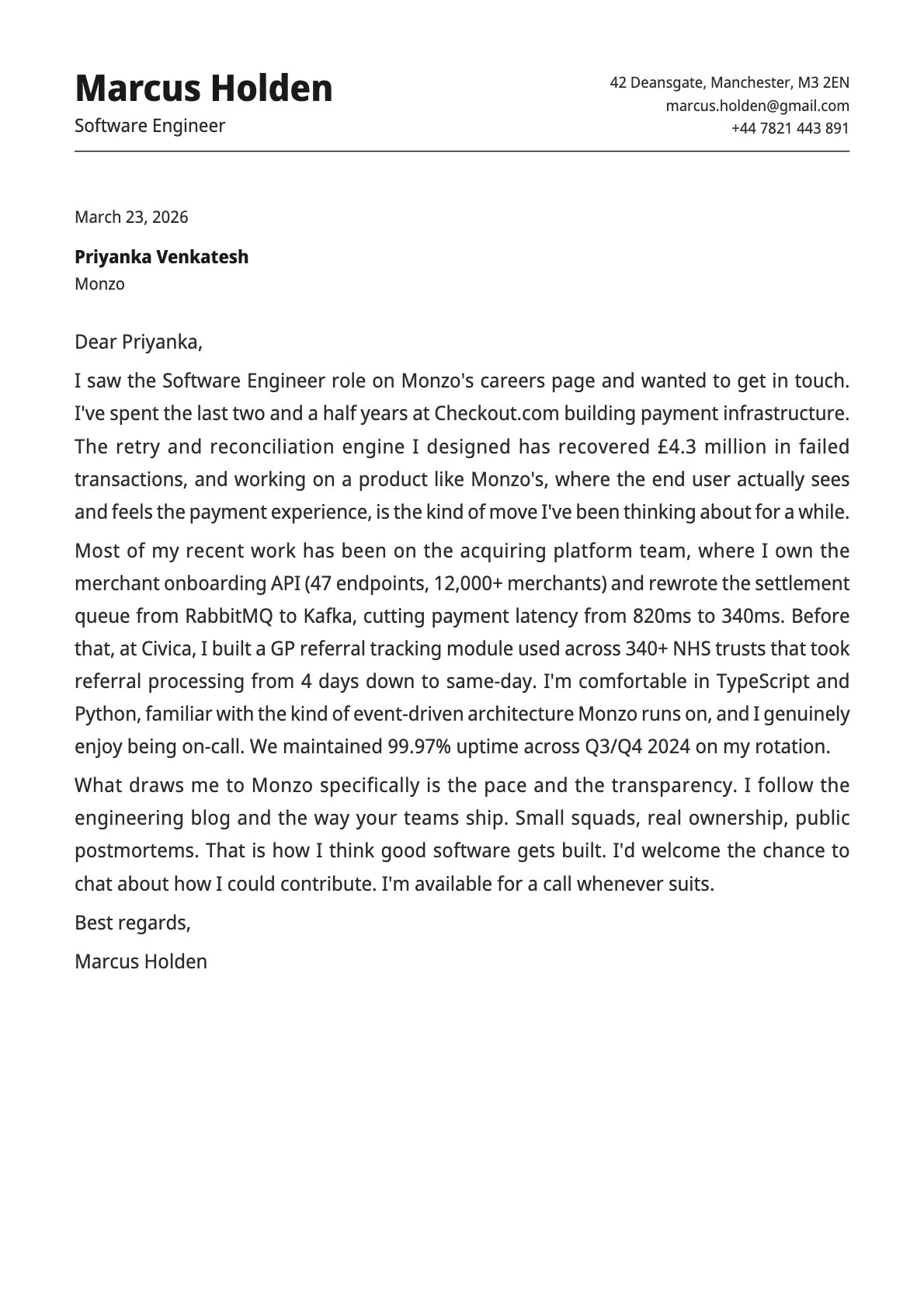 Software Engineer cover letter example