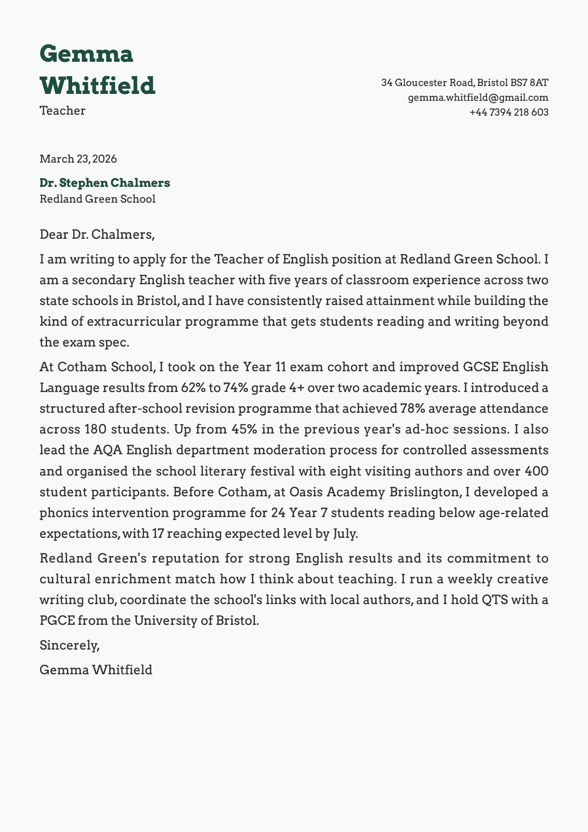 Teacher cover letter example