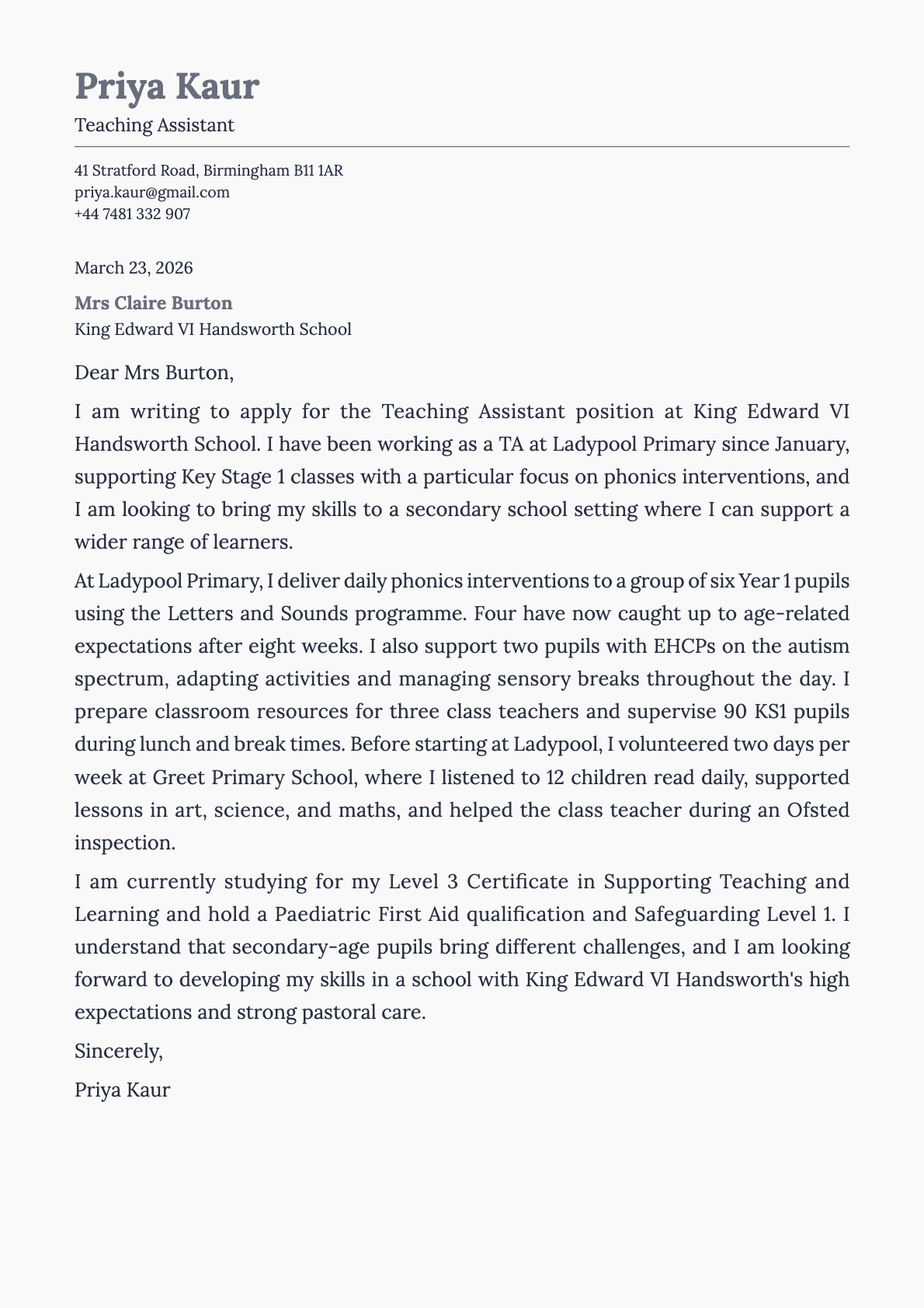 Teaching Assistant cover letter example