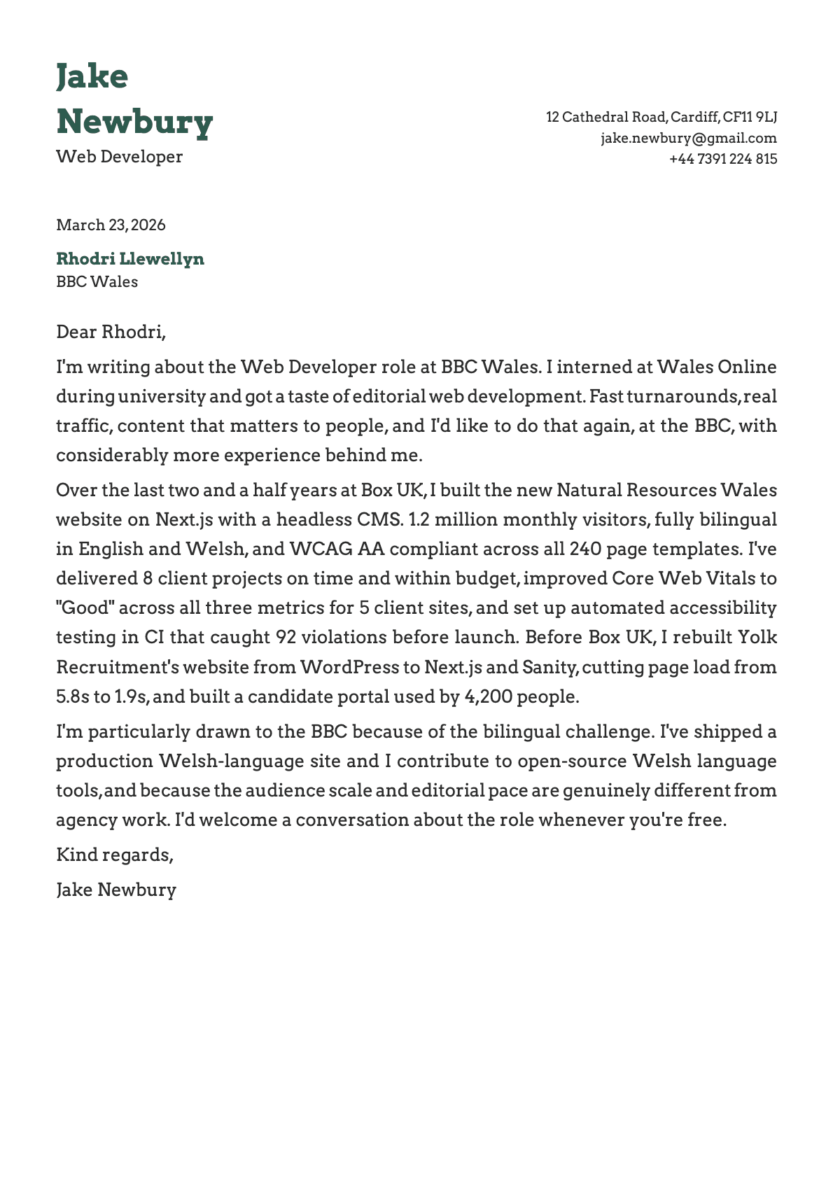 Web Developer cover letter example