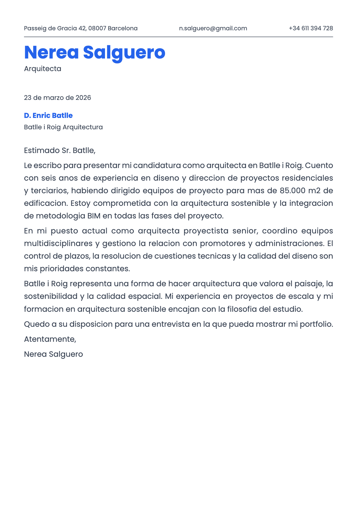 Arquitecto cover letter example