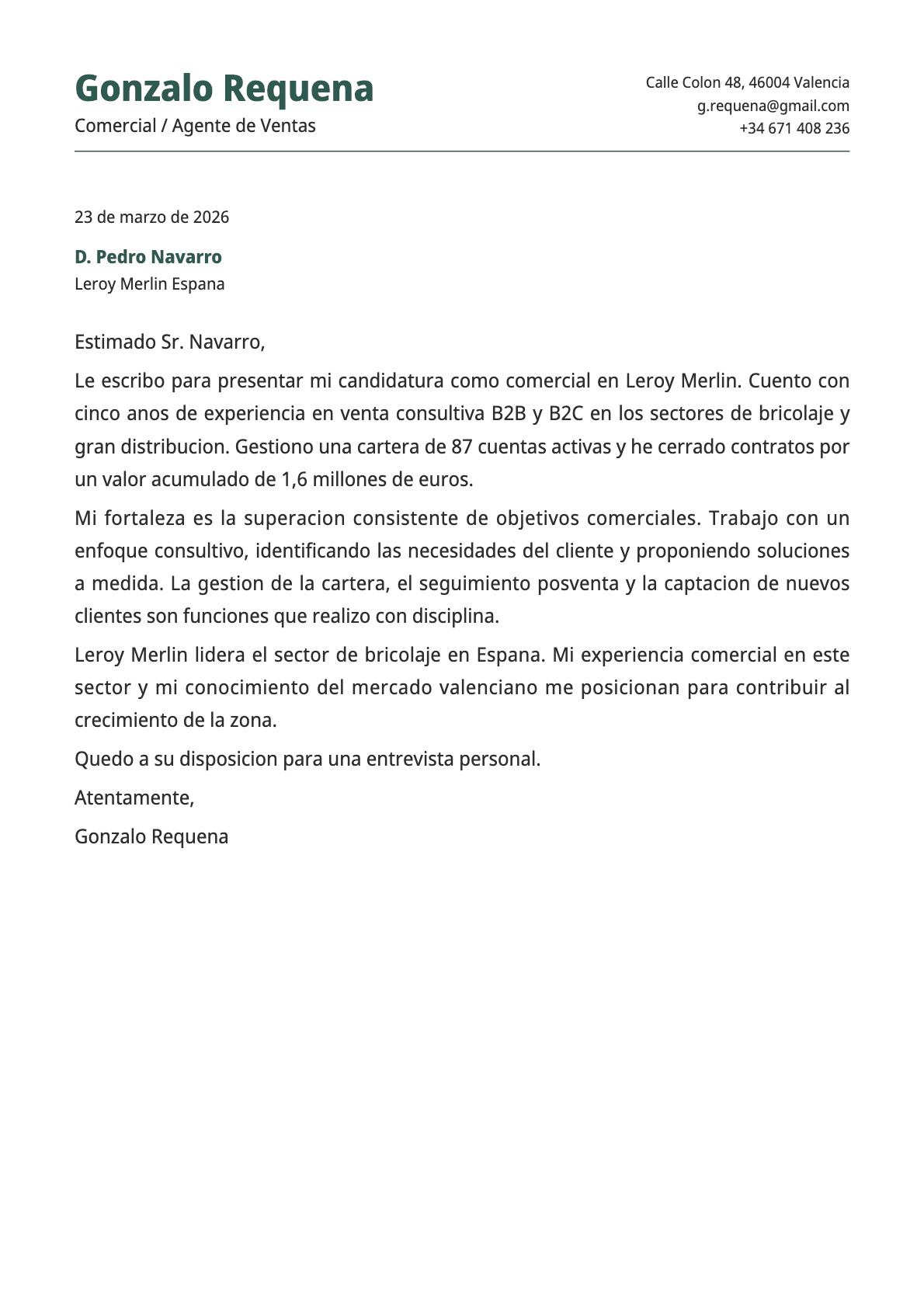 Comercial / Agente de Ventas cover letter example