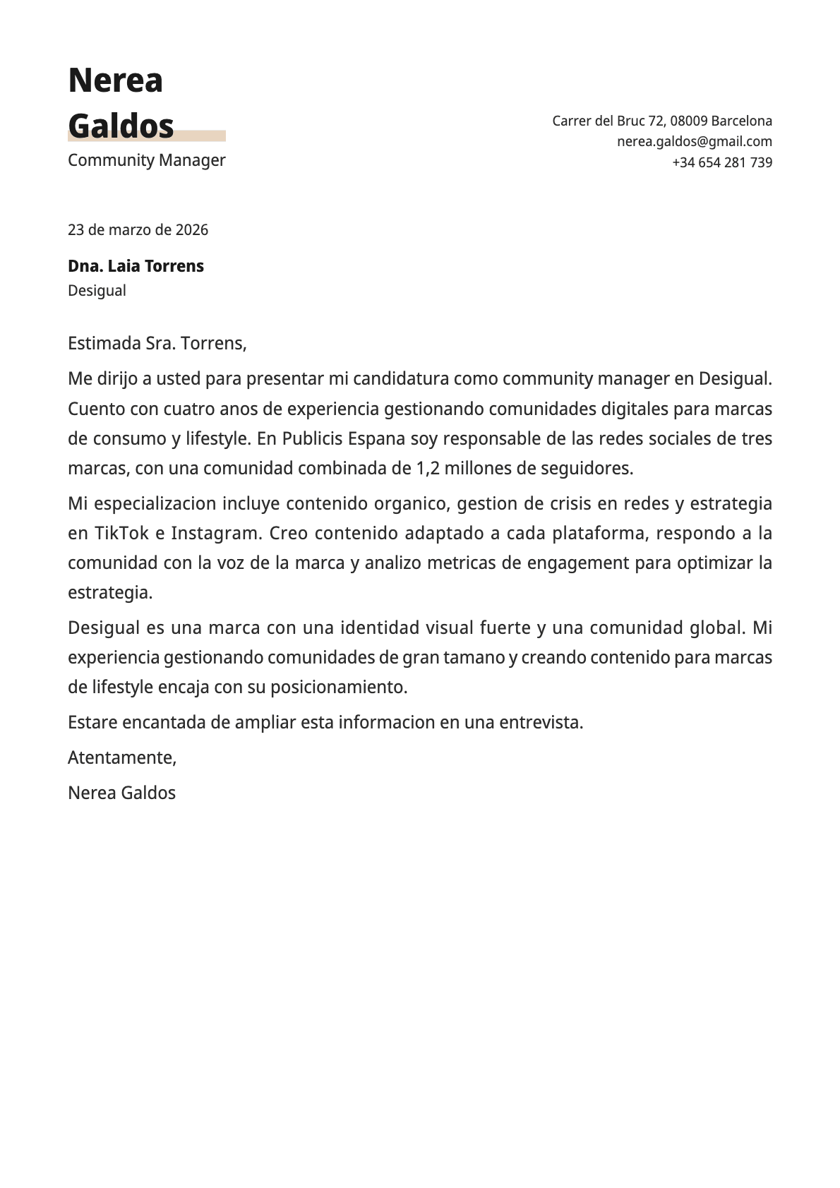 Community Manager cover letter example