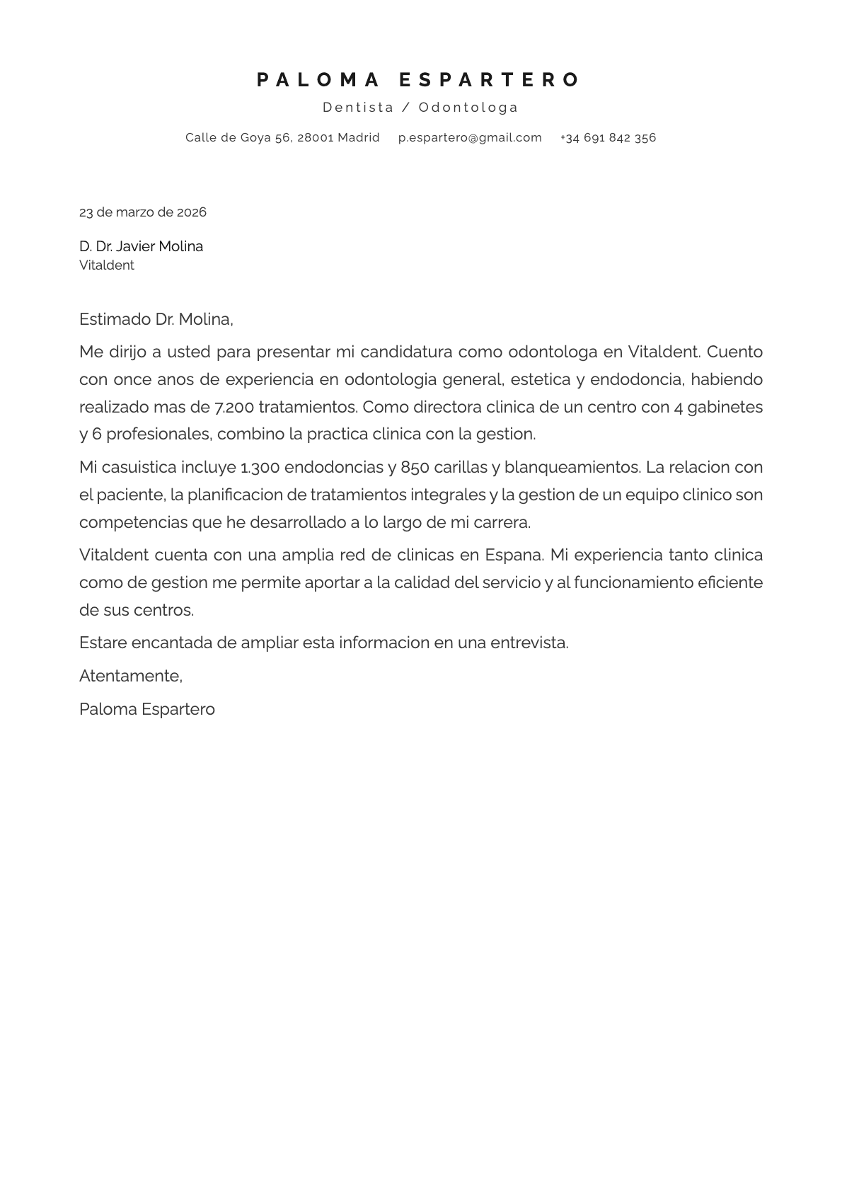 Dentista / Odontólogo cover letter example