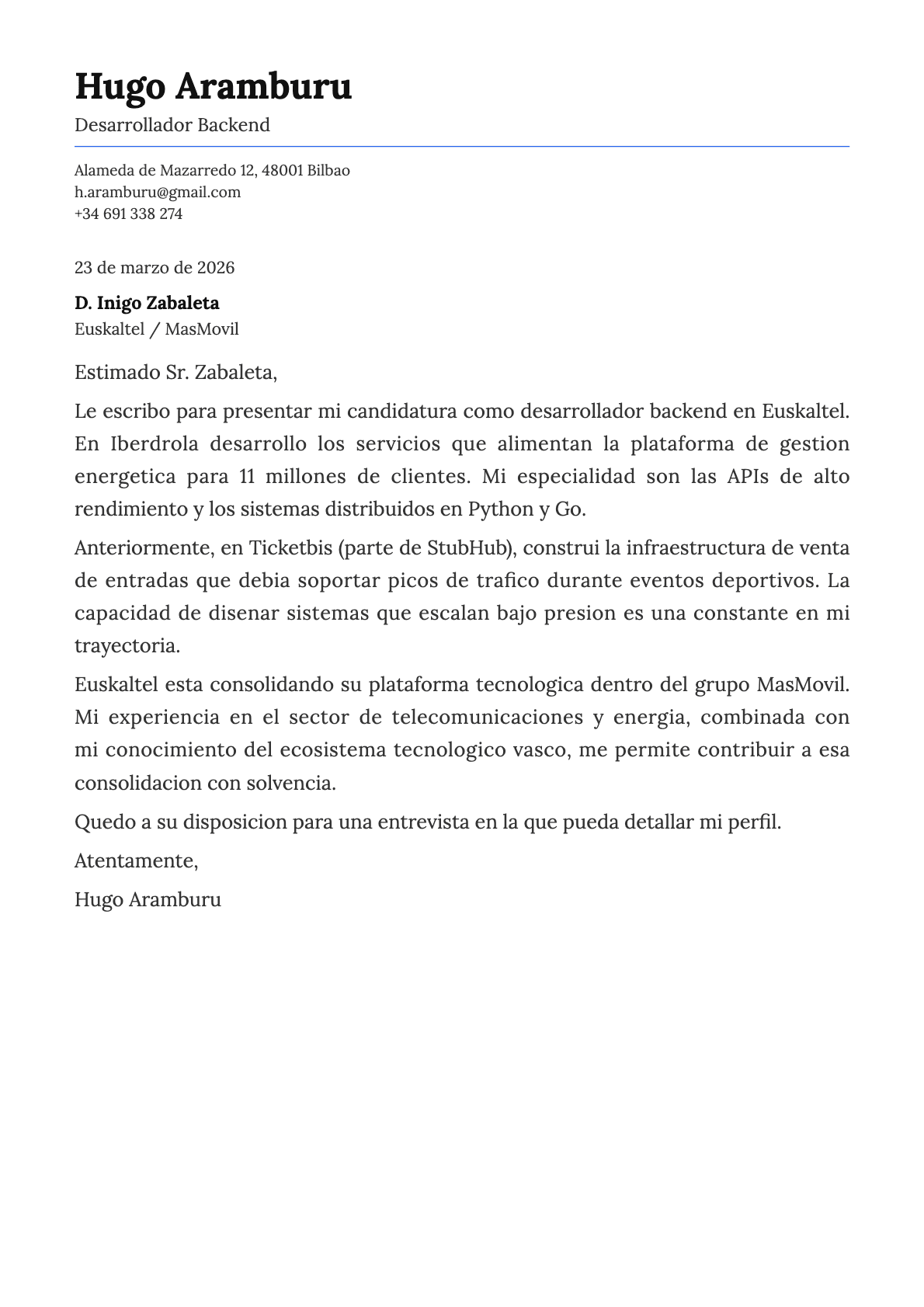 Desarrollador Backend cover letter example