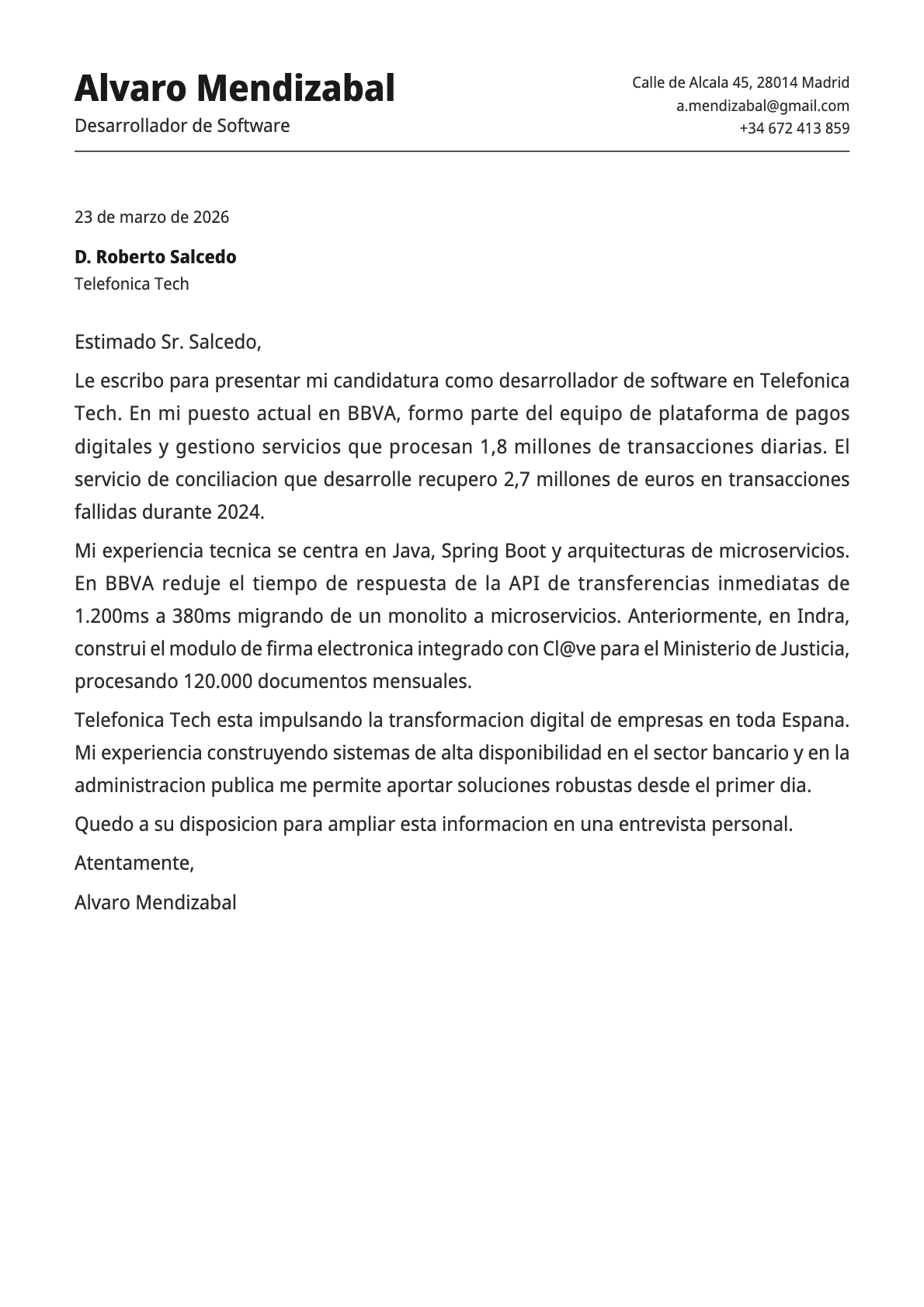 Desarrollador de Software cover letter example