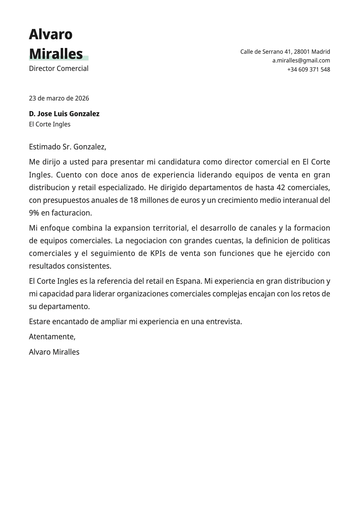 Director Comercial cover letter example