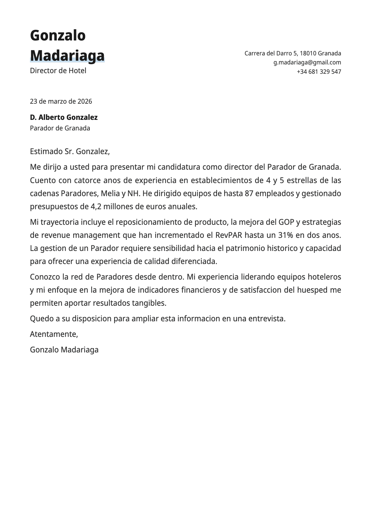 Director de Hotel cover letter example