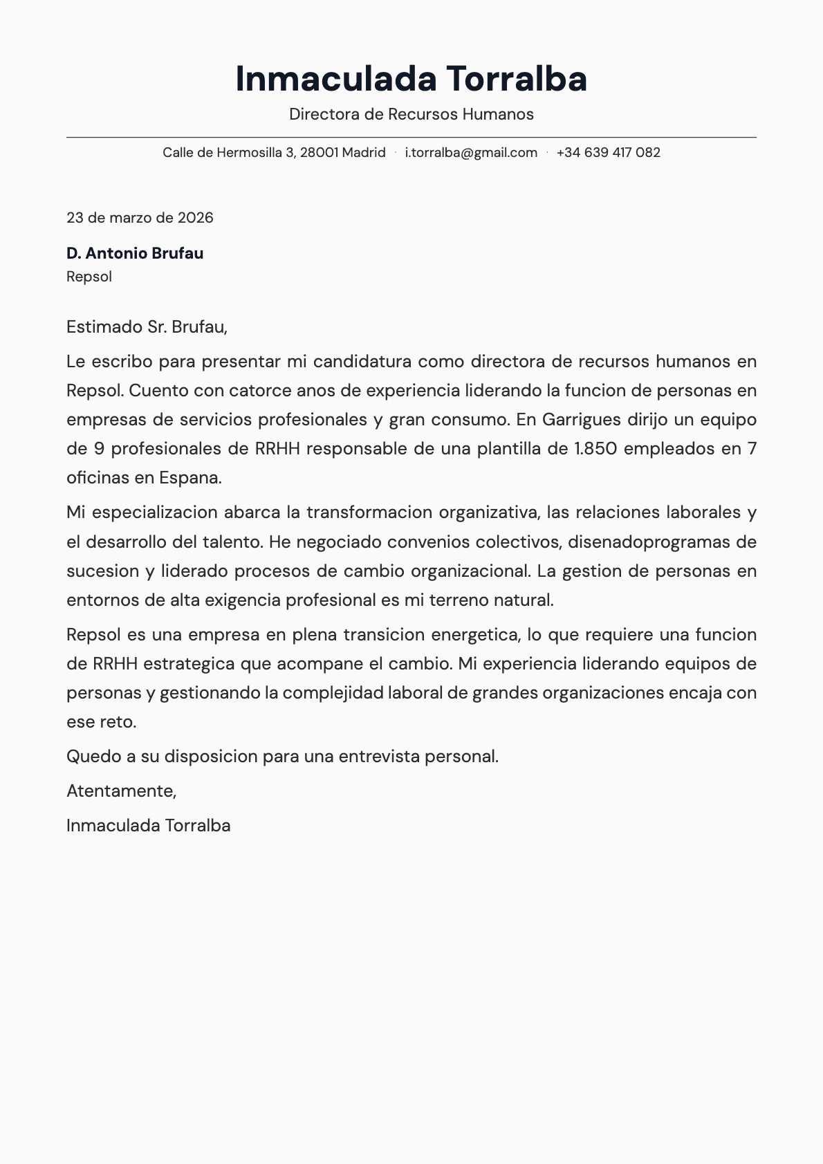 Director de Recursos Humanos cover letter example