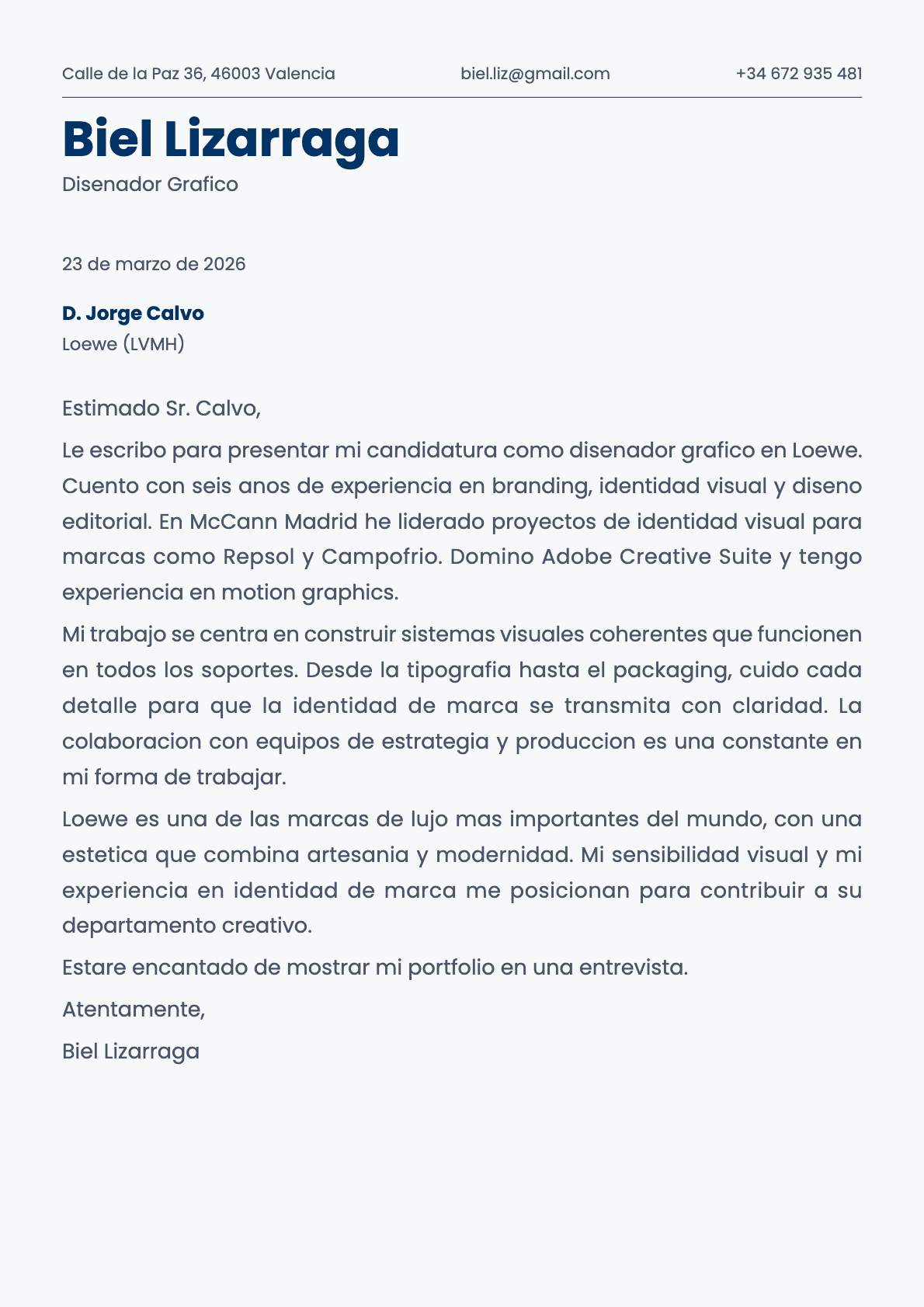 Diseñador Gráfico cover letter example