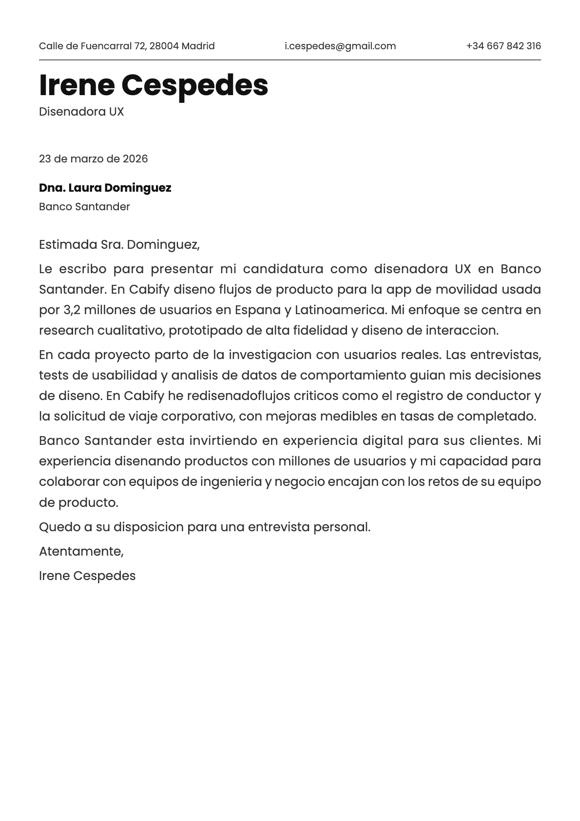 Diseñador UX cover letter example