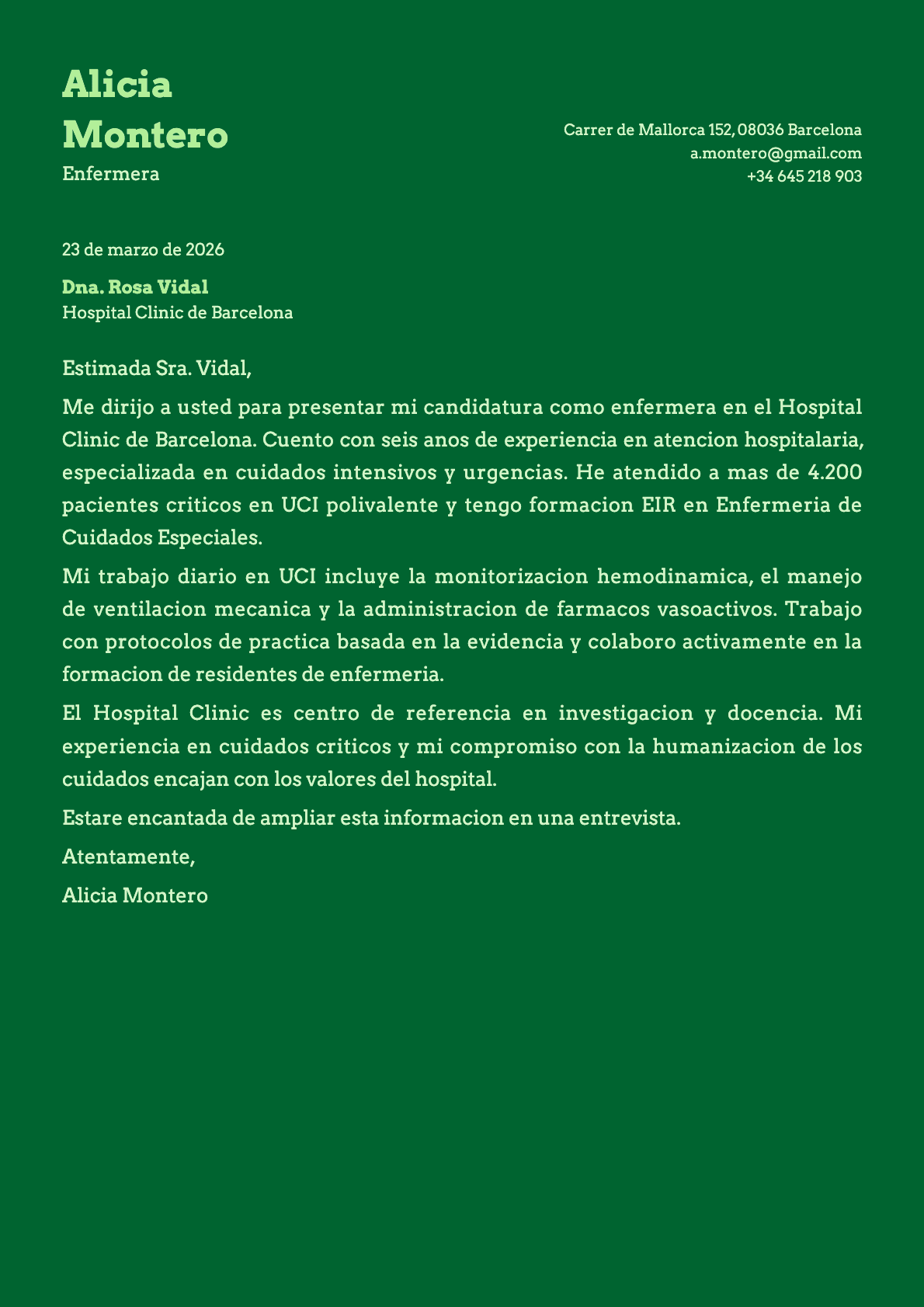 Enfermero/a cover letter example