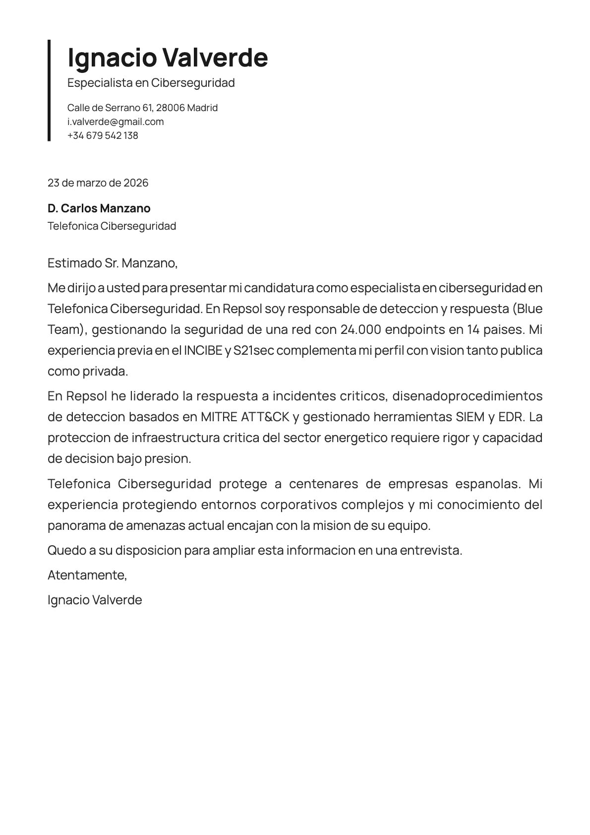 Especialista en Ciberseguridad cover letter example