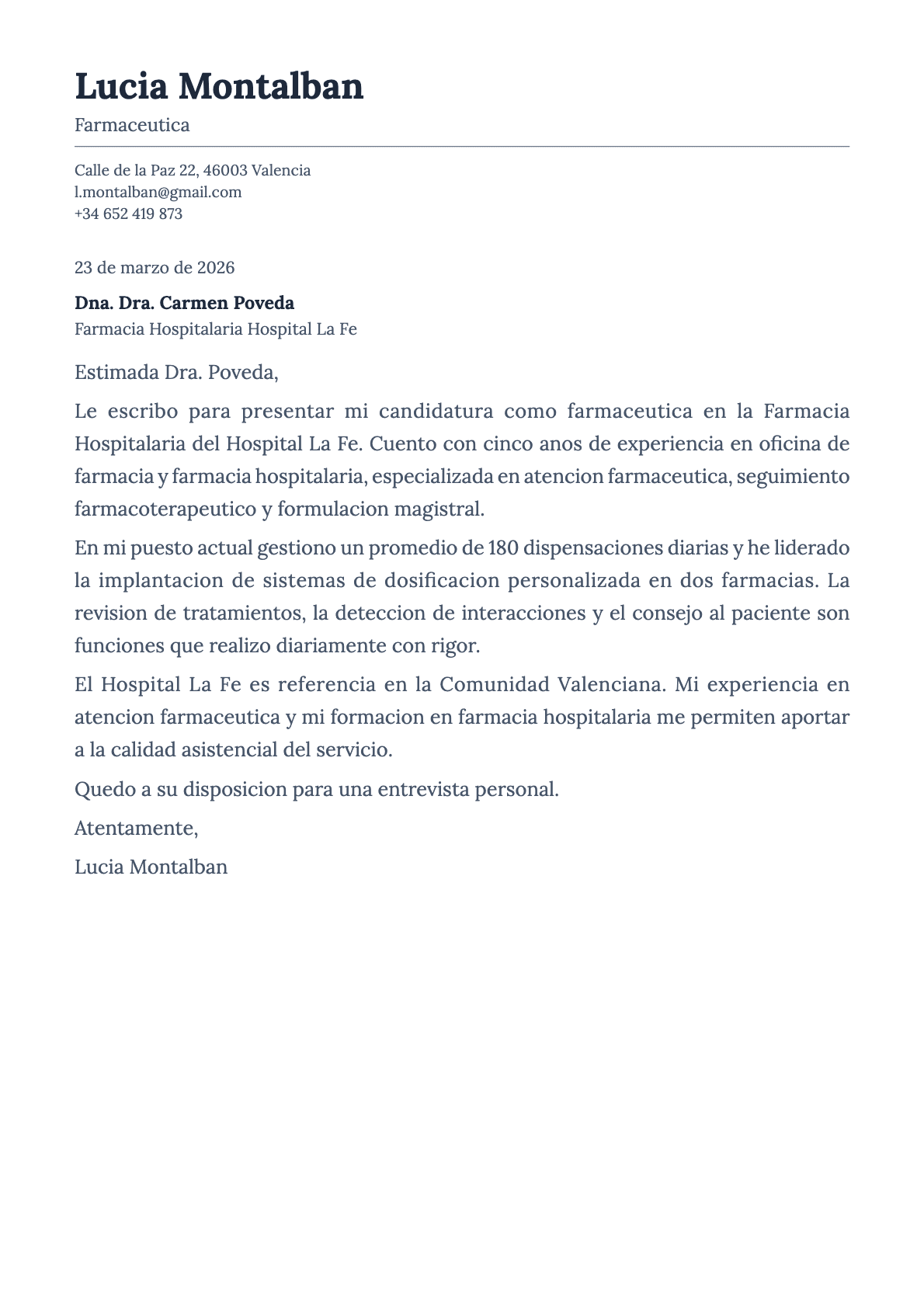 Farmacéutico cover letter example