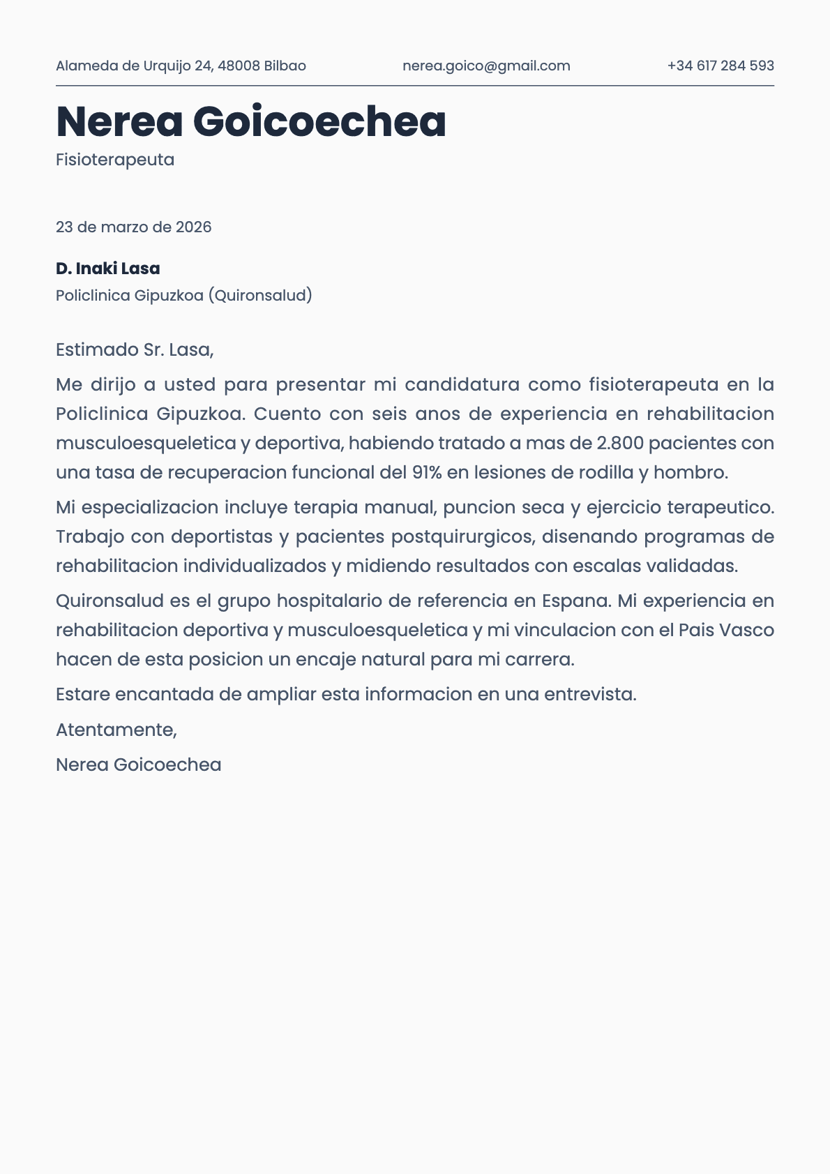 Fisioterapeuta cover letter example