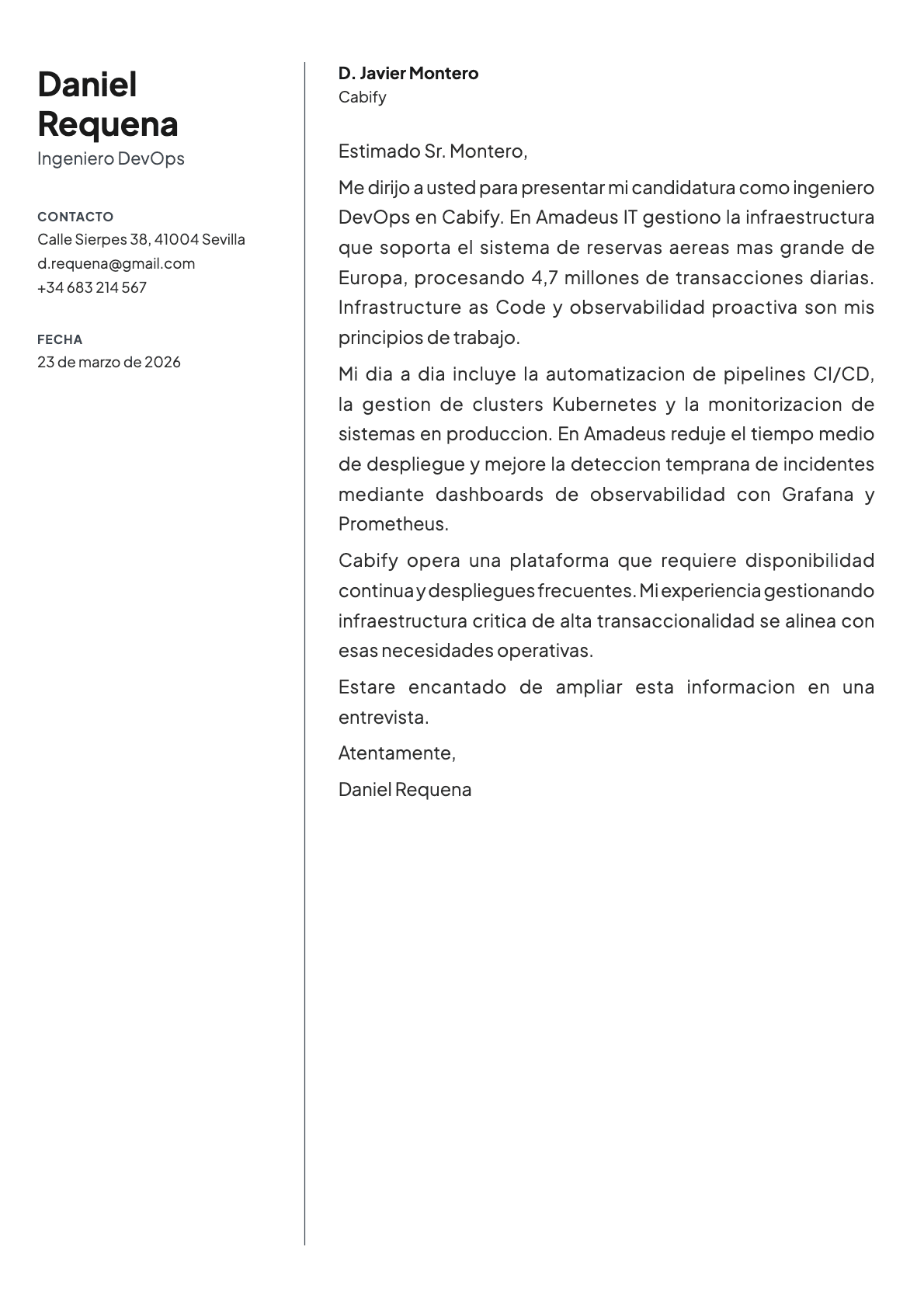 Ingeniero DevOps cover letter example