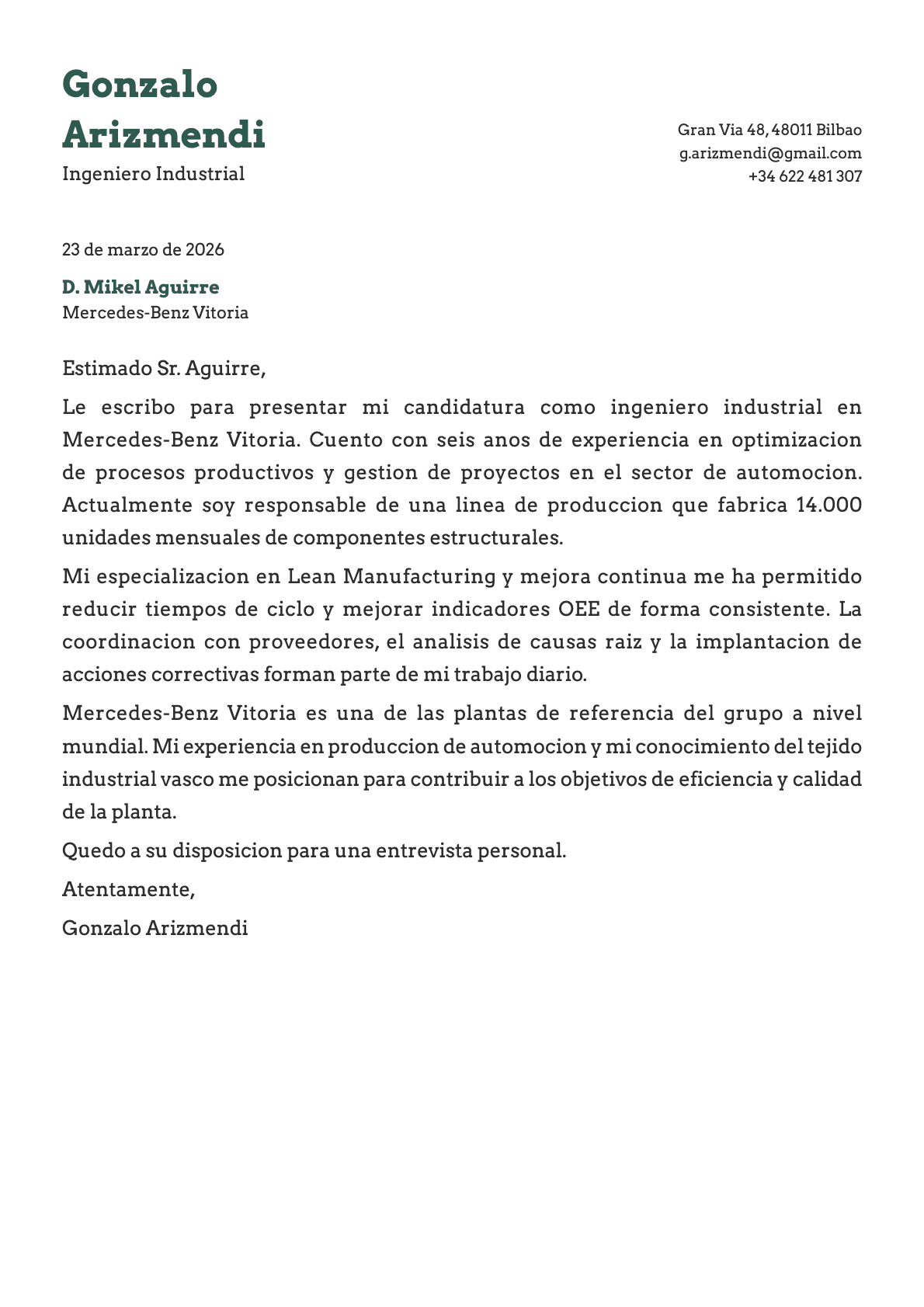 Ingeniero Industrial cover letter example